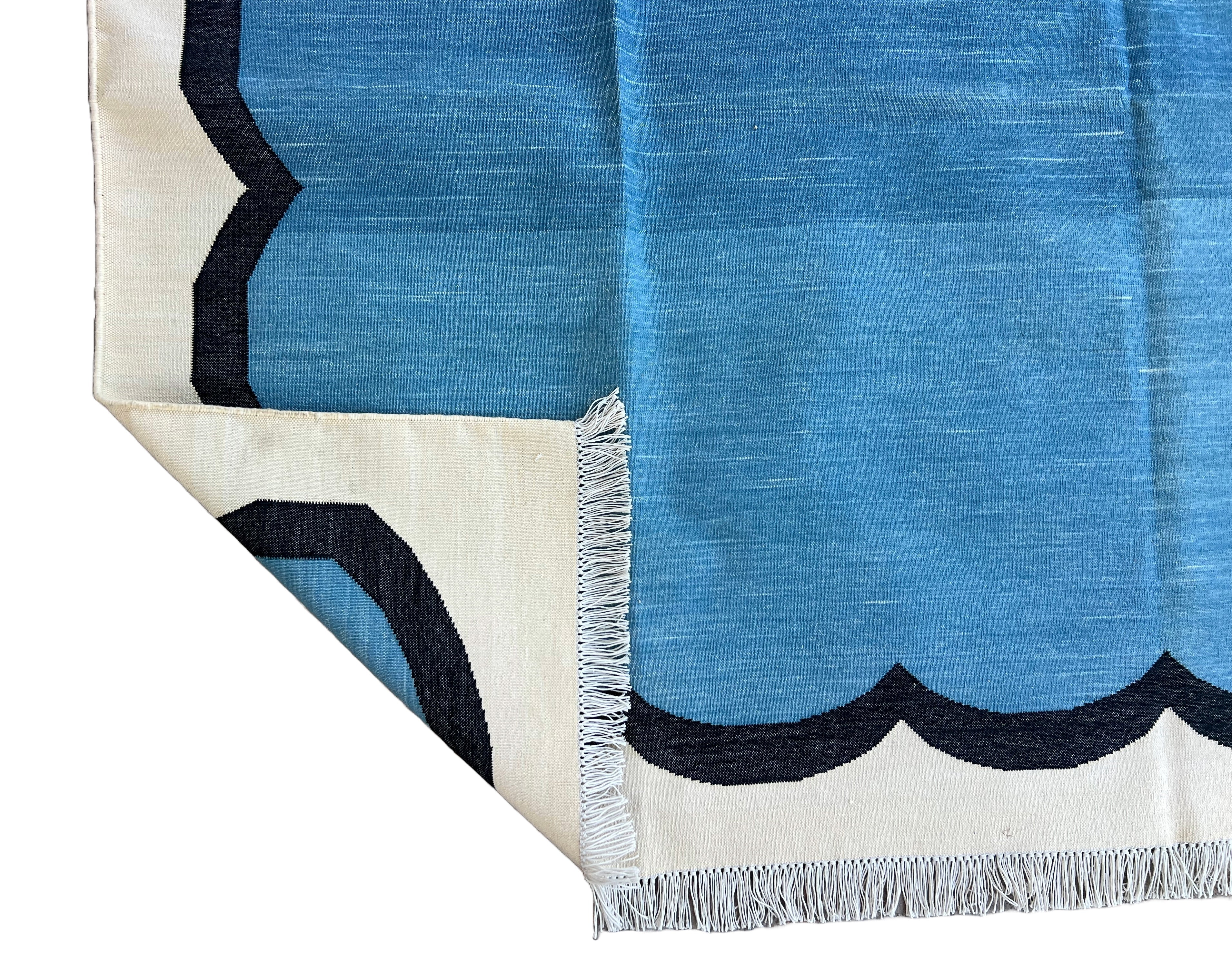 Modern Handmade Cotton Teal Blue, Black and Cream Scalloped Rug-6791