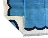 Modern Handmade Cotton Teal Blue, Black and Cream Scalloped Rug-6791