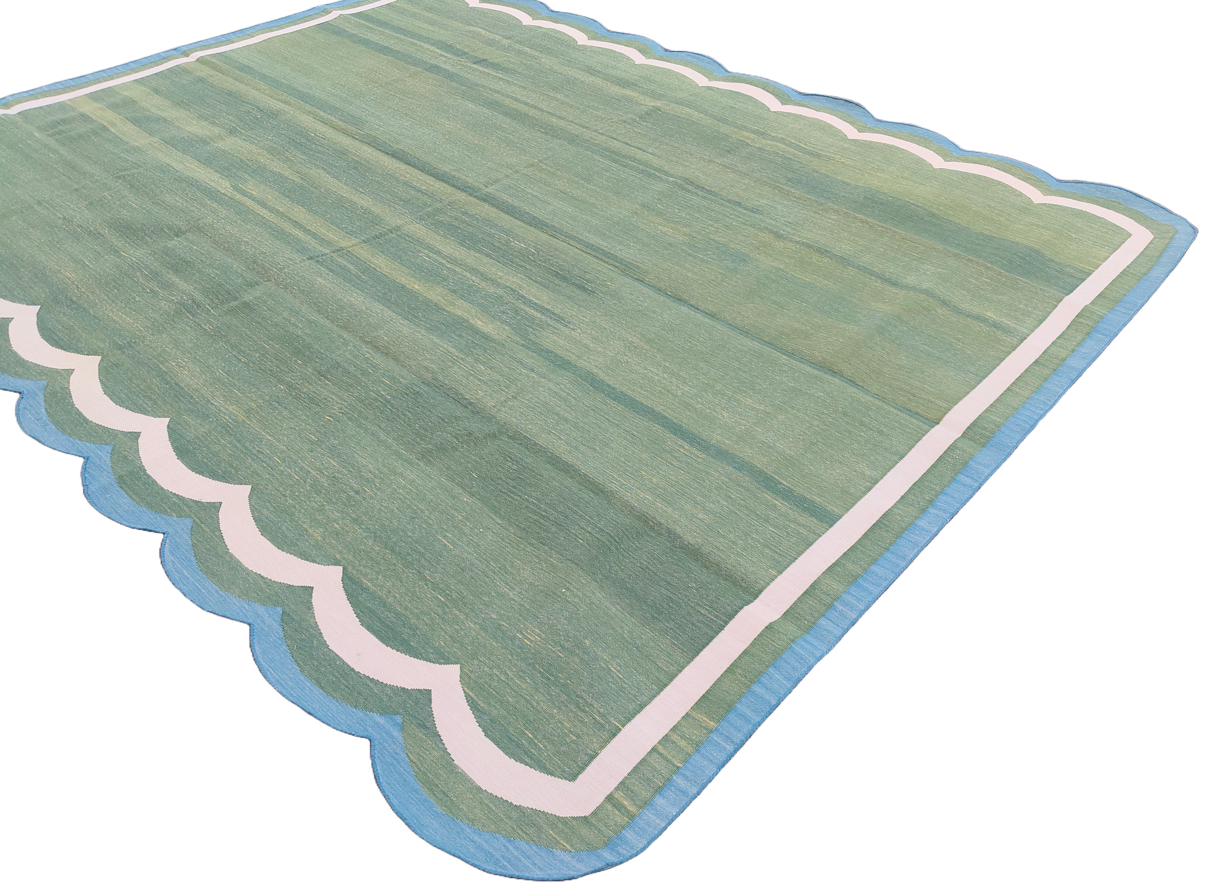 Modern Handmade Cotton Green, Cream and Teal Blue Scalloped Rug-9662