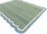 Modern Handmade Cotton Green, Cream and Teal Blue Scalloped Rug-9662