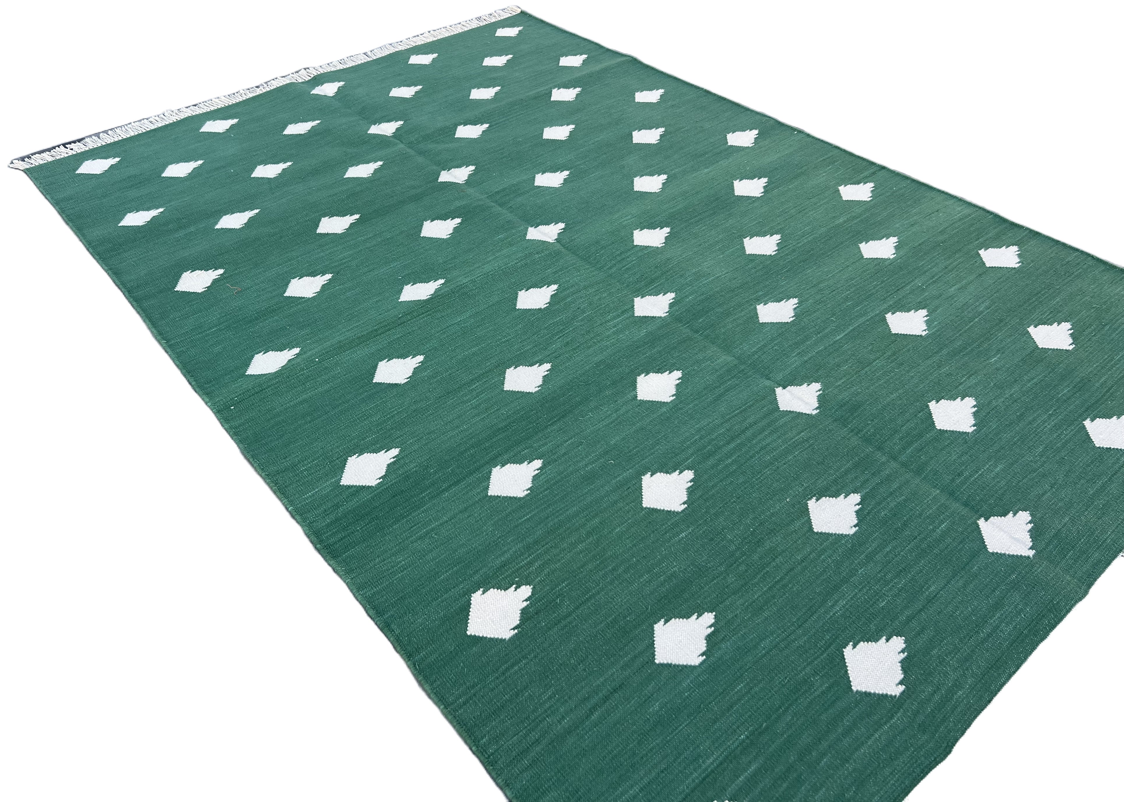Modern Handmade Cotton Forest Green And White Leaf Patterned Area Rug-6851
