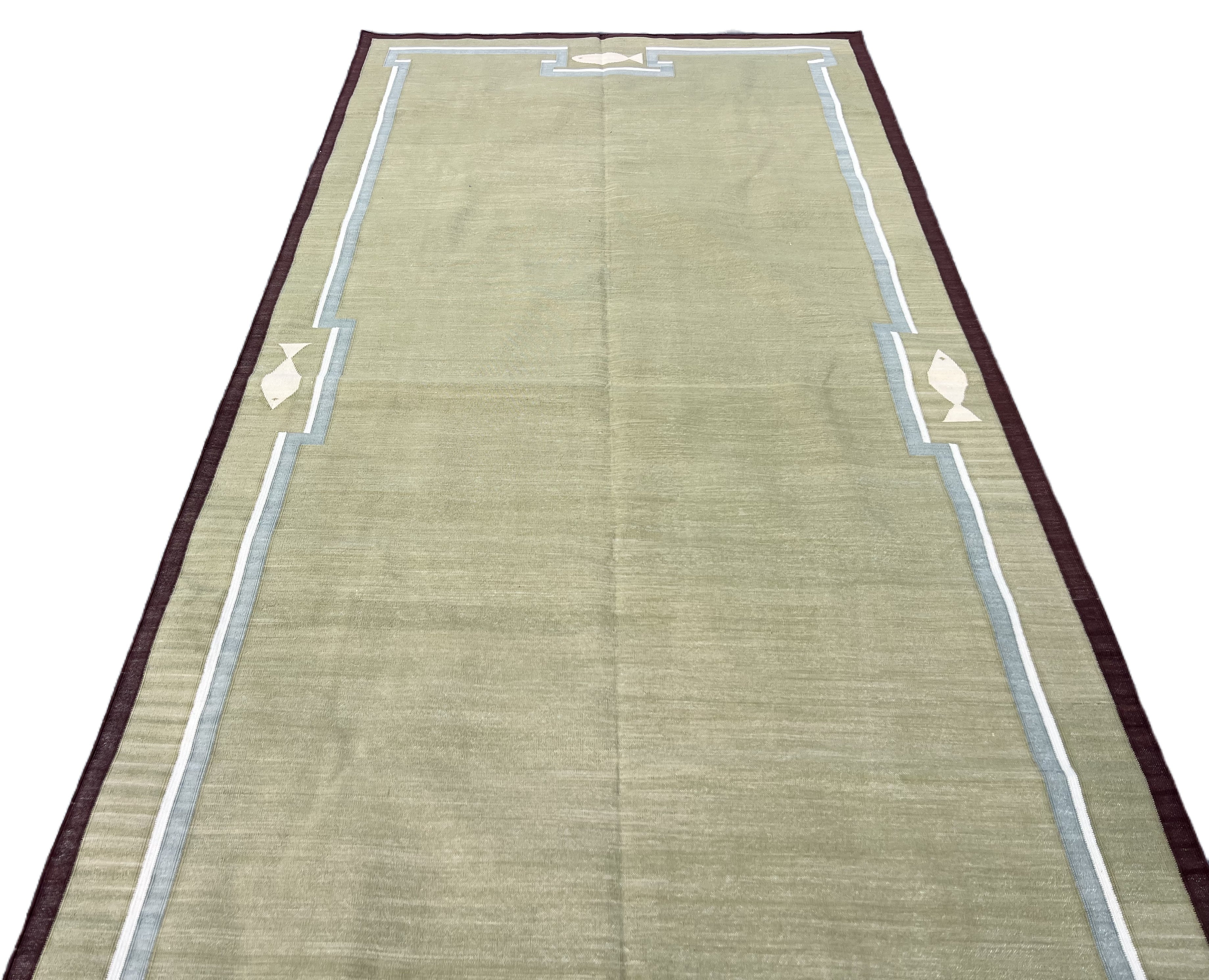 Modern Handmade Cotton Olive Green, Cream And Wine Color Fish Pattern Runner-6847