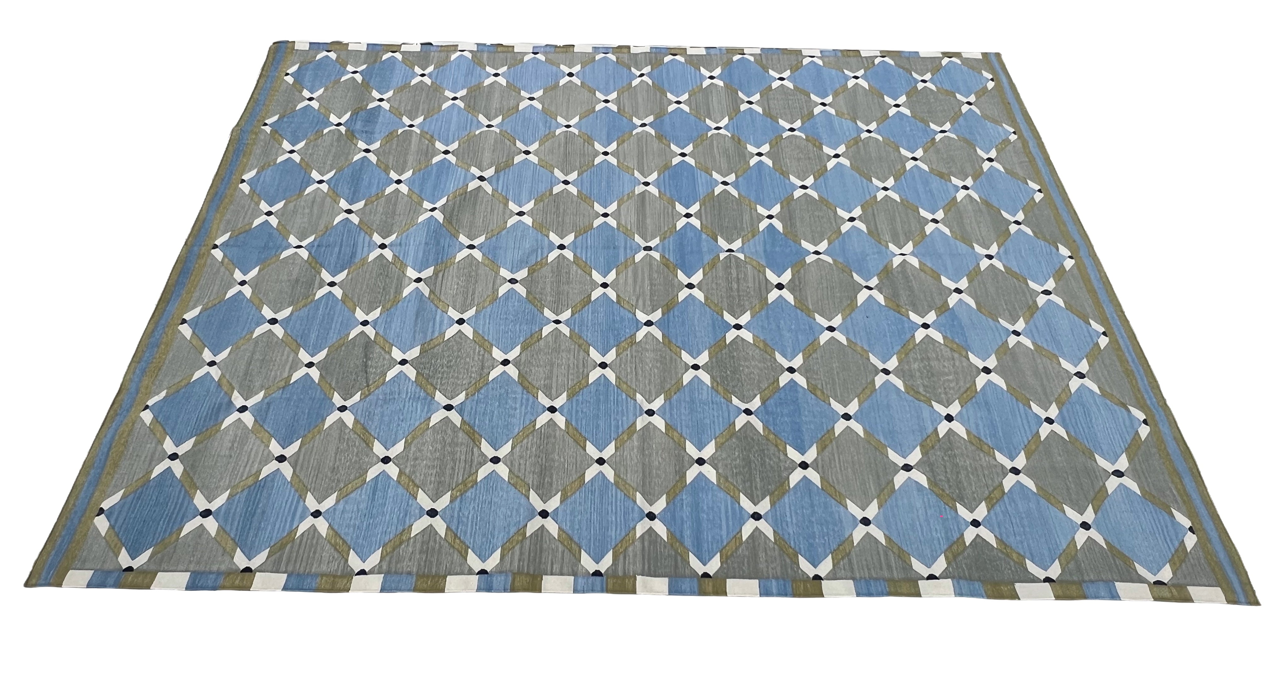Modern Handmade Cotton Grey, Blue, Cream And Green Geometric Area Rug-6834