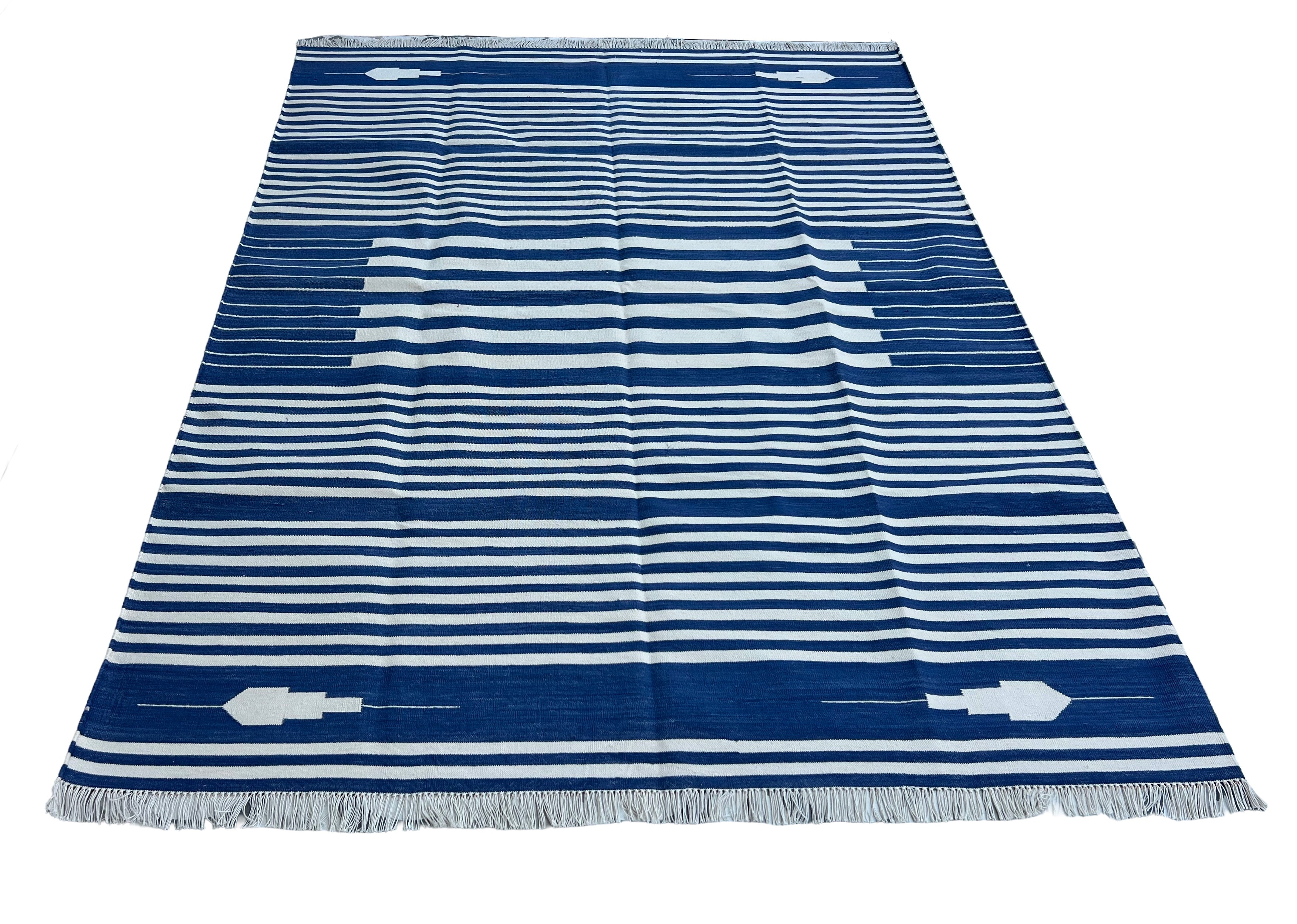 Modern Handmade Cotton Indigo Blue And White Striped Area Rug-6826