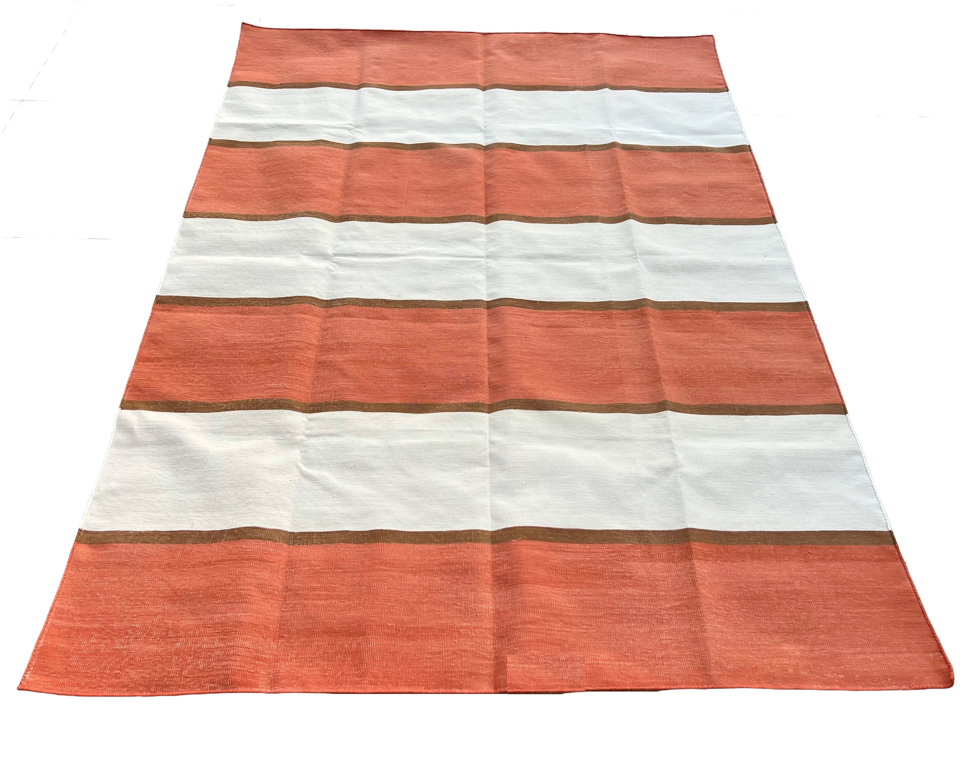 Modern Handmade Cotton Orange, Cream And Tan Striped Area Rug-6812
