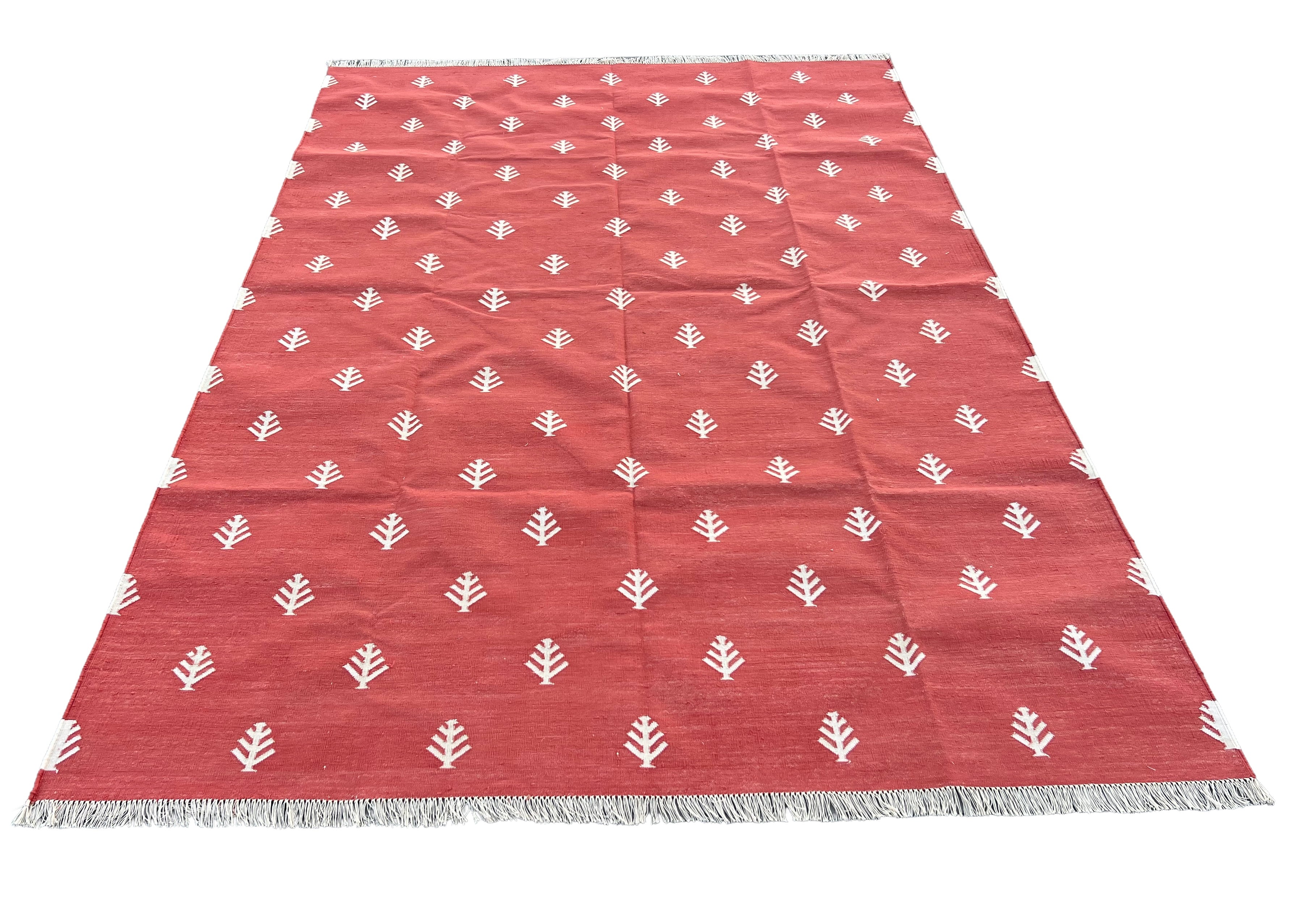 Modern Handmade Cotton Terracotta And White Tree Patterned Area Rug-6844