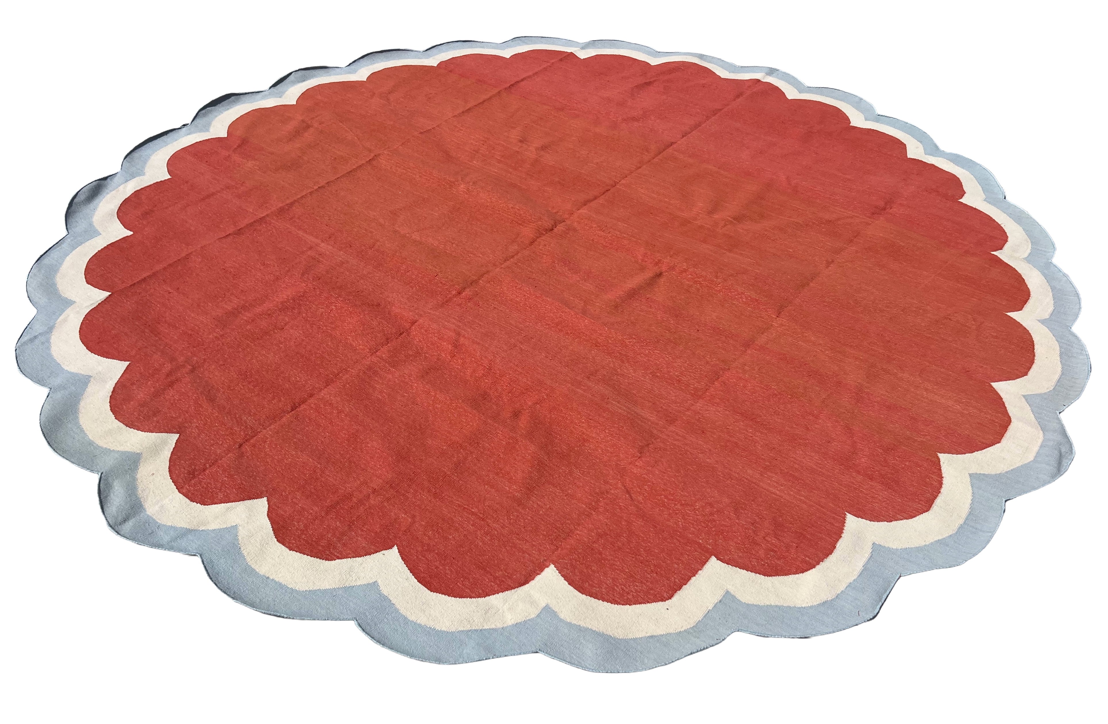 Handmade Cotton Terracotta, Cream And Sky Blue Round Scalloped Rug -9669