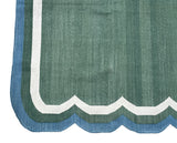 Modern Handmade Cotton Forest Green, Cream And Teal Blue Two Sided Scalloped Rug-9671