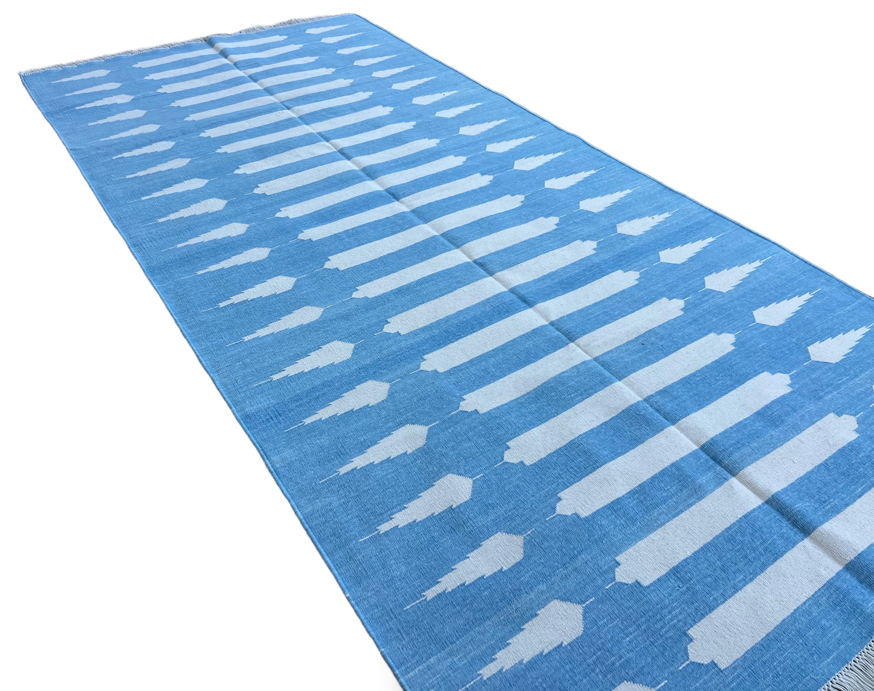 Modern Handmade Cotton Sky Blue And White Striped Dhurrie Runner-6792