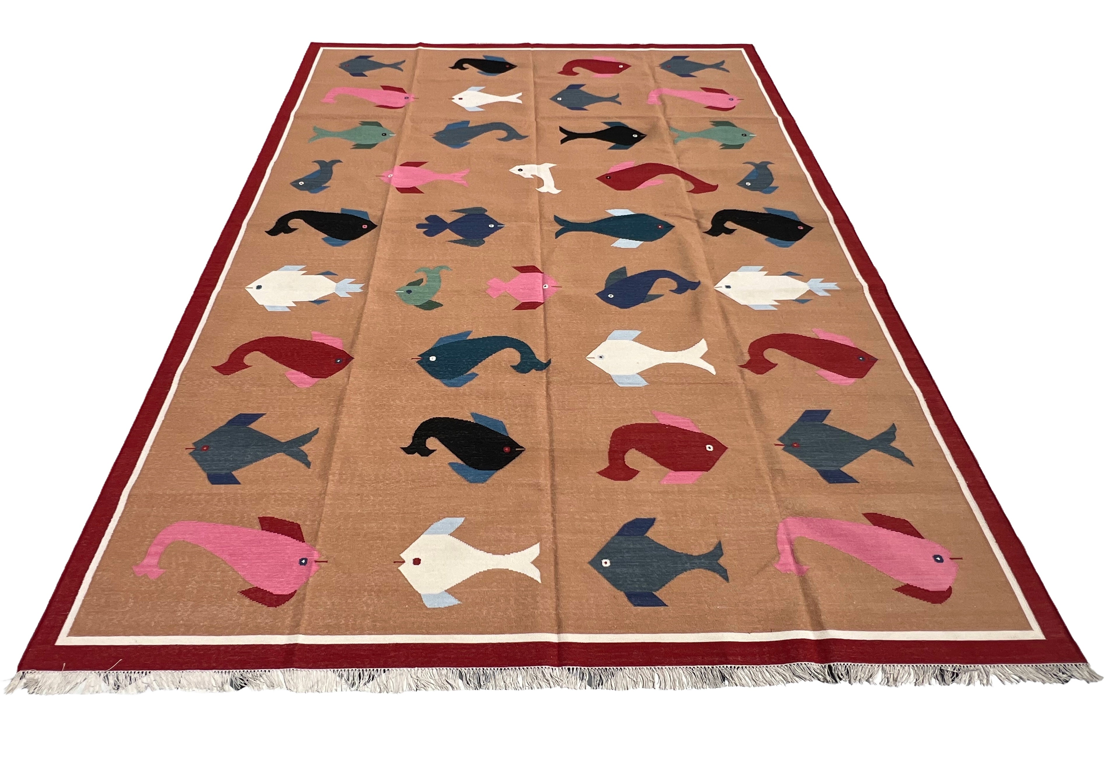 Modern Handmade Cotton Tan And Red Fish Patterned Area Rug-6840