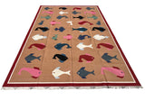 Modern Handmade Cotton Tan And Red Fish Patterned Area Rug-6840