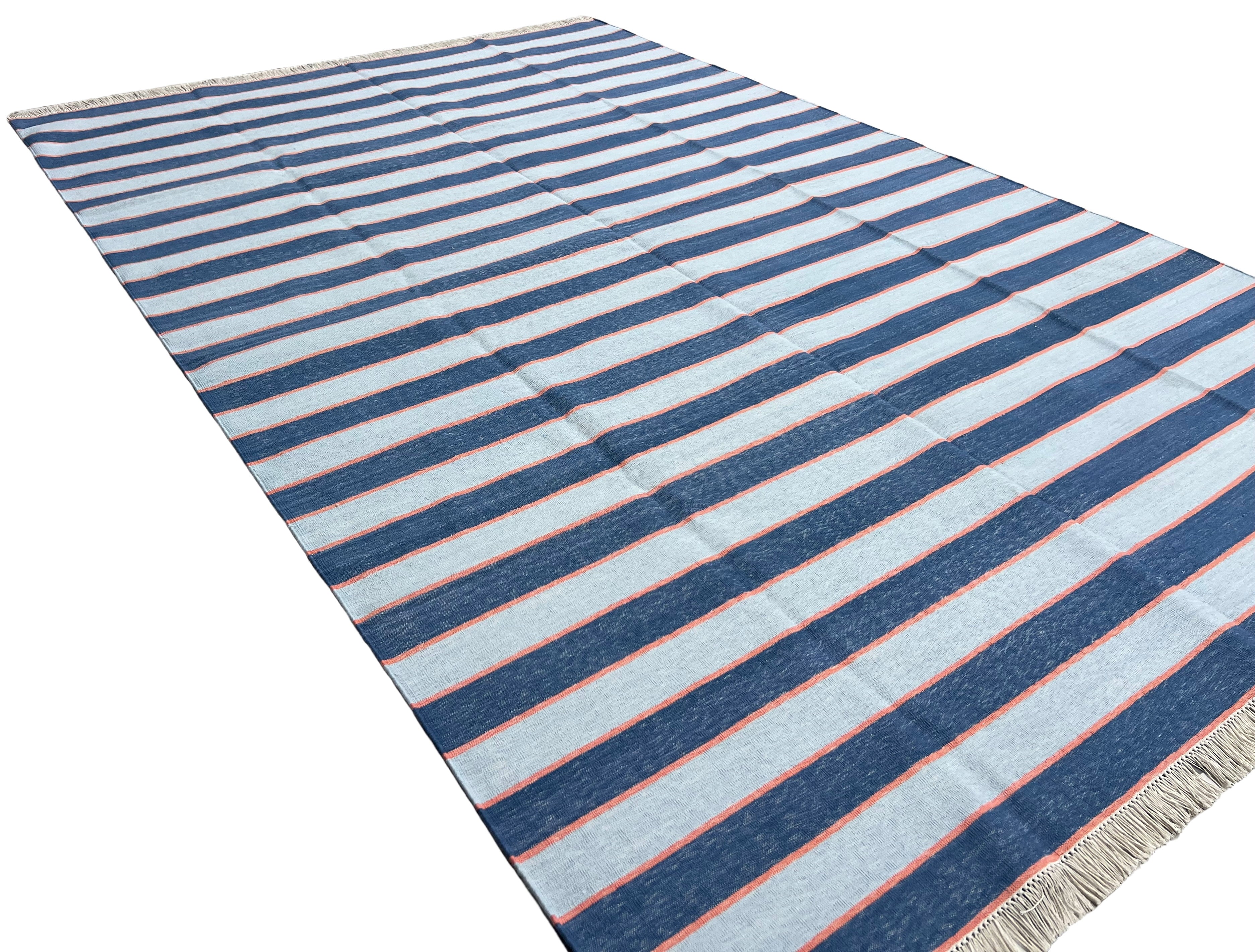Modern Handmade Cotton Sky Blue And Orange Striped Area Rug-6830