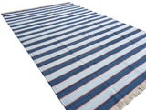 Modern Handmade Cotton Sky Blue And Orange Striped Area Rug-6830