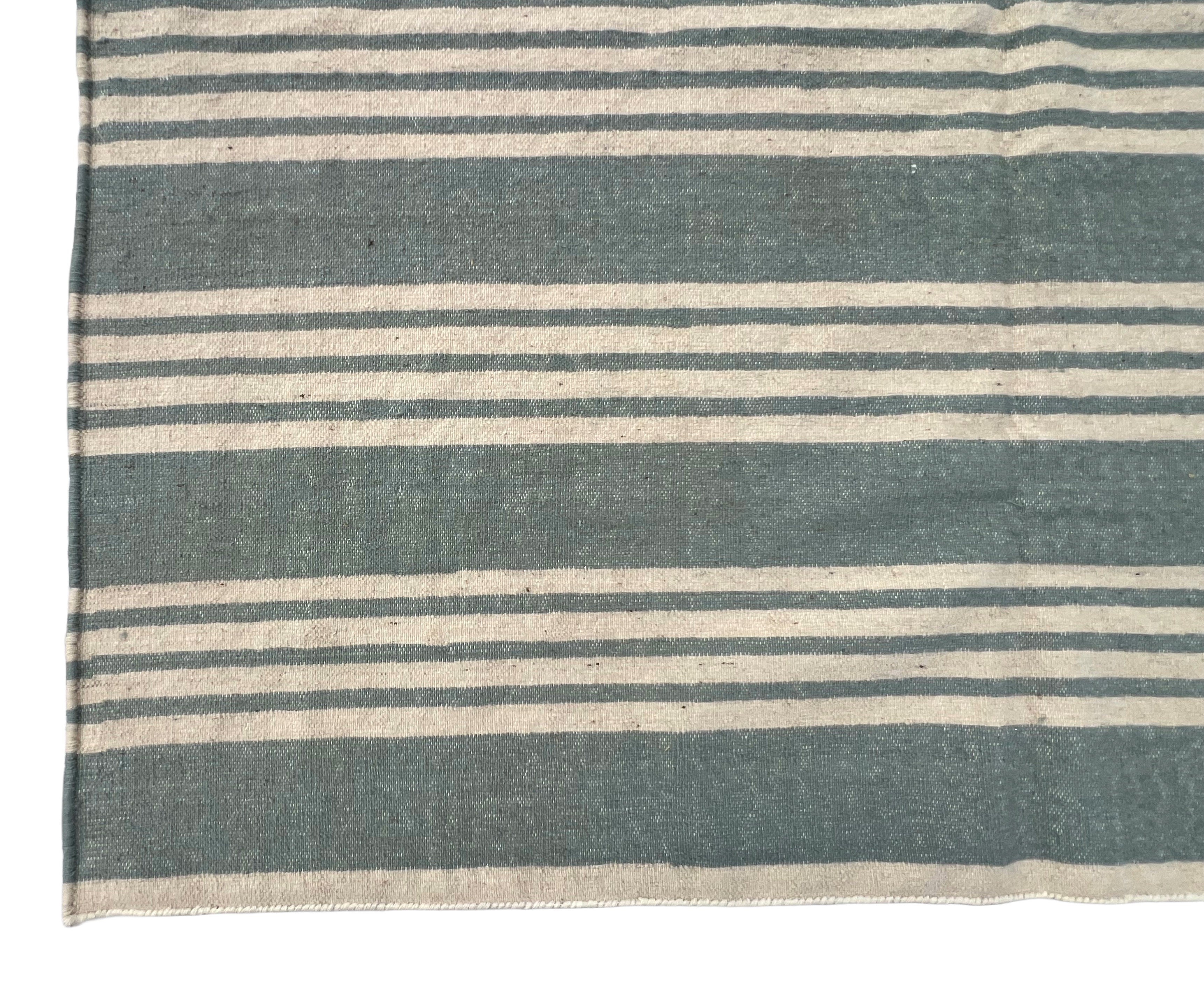 Modern Handmade Woolen Greyish Blue And White Striped Rug-6836
