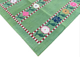 Modern Handmade Cotton Area Rug, Green And Red Flower Indian Dhurrie-6547