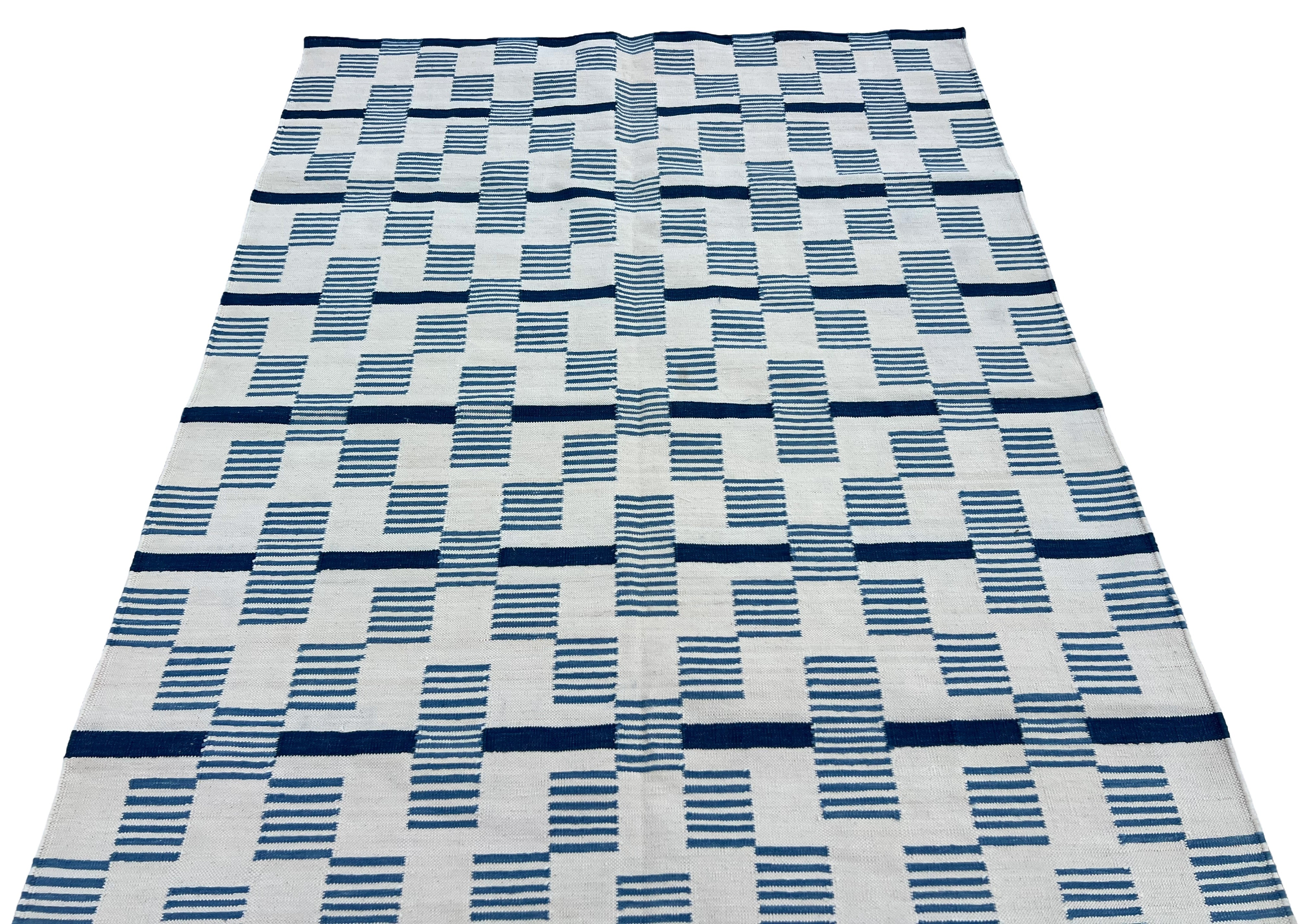 Modern Handmade Cotton Rug, 4x6 White And Blue Star And Dash Striped Rug-6846