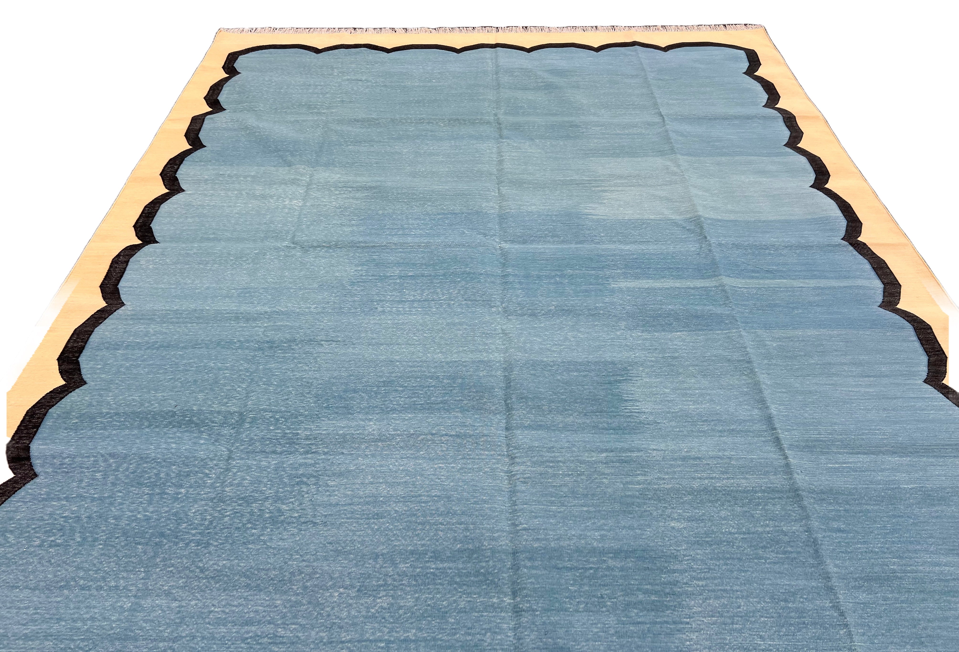 Modern Handmade Cotton Teal Blue, Black and Cream Scalloped Rug-6766