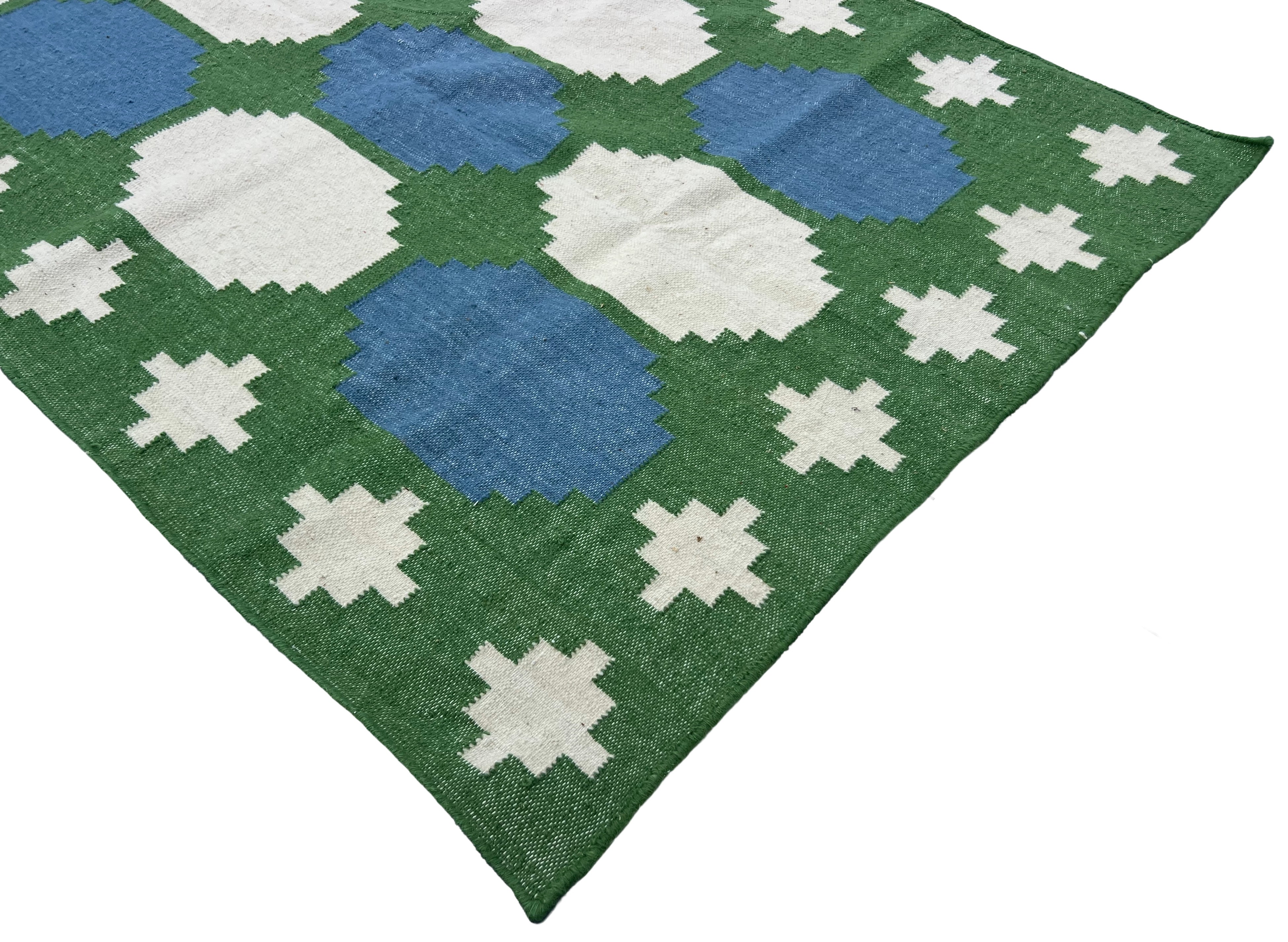 Modern Handmade New Zealand Wool Moss Green, Cream And Sky Blue Geometric Runner-6838