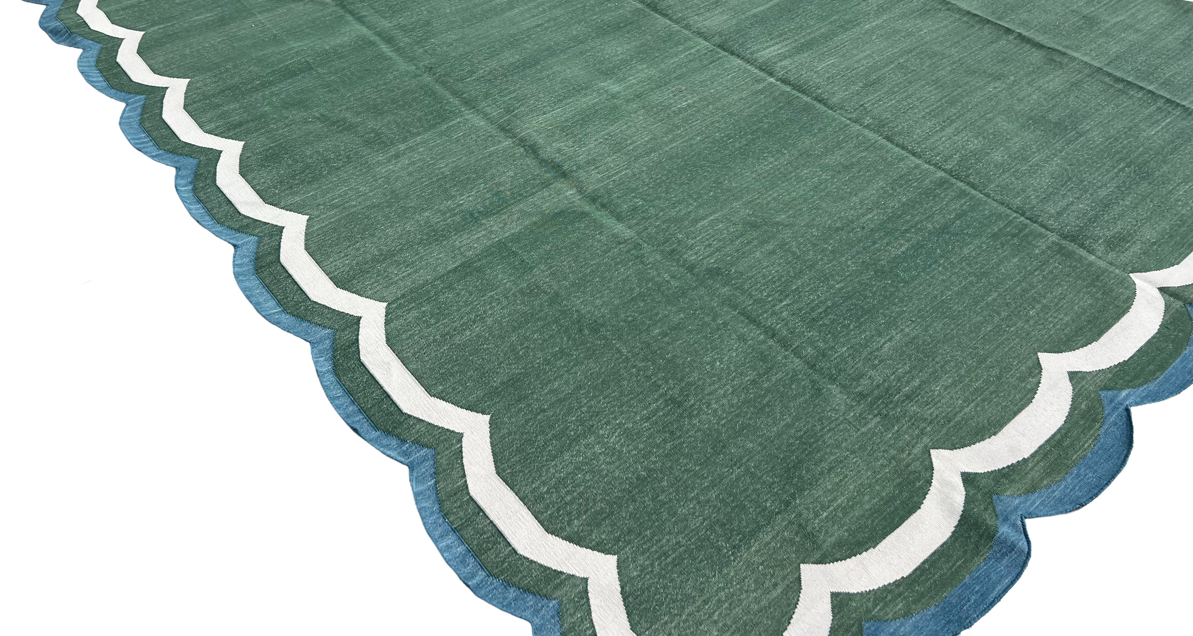 Modern Handmade Cotton Forest Green, Cream And Teal Blue 4 Sided Scalloped Rug-9670
