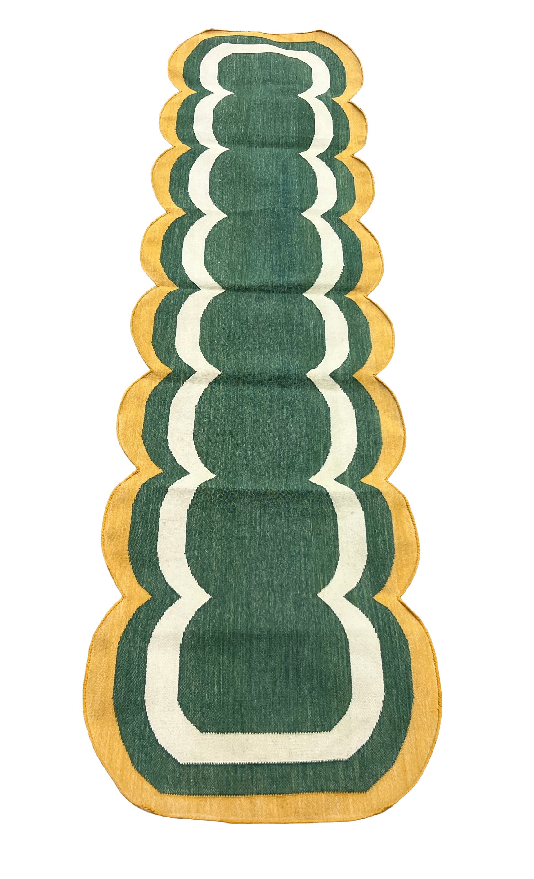 Modern Handmade Cotton Rug, 2x8 Green And Mustard Dhurrie Runner -9668