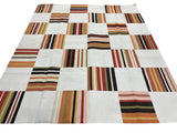 Modern Handmade Cotton Rug, 90"x105" Cream, Red Tile Striped Rug-6802