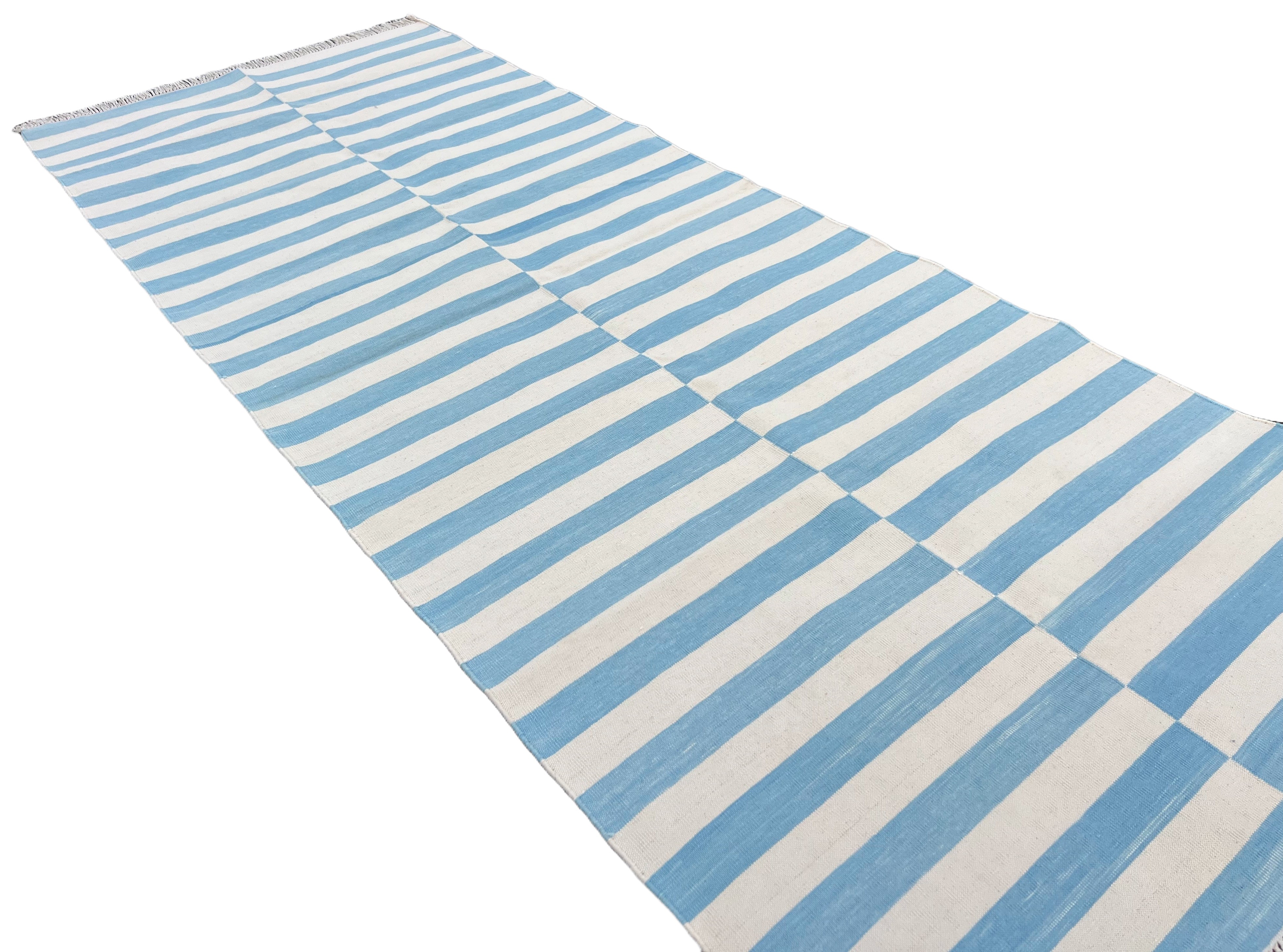 Modern Handmade Cotton Sky Blue And White Up Down Striped Runner-6761