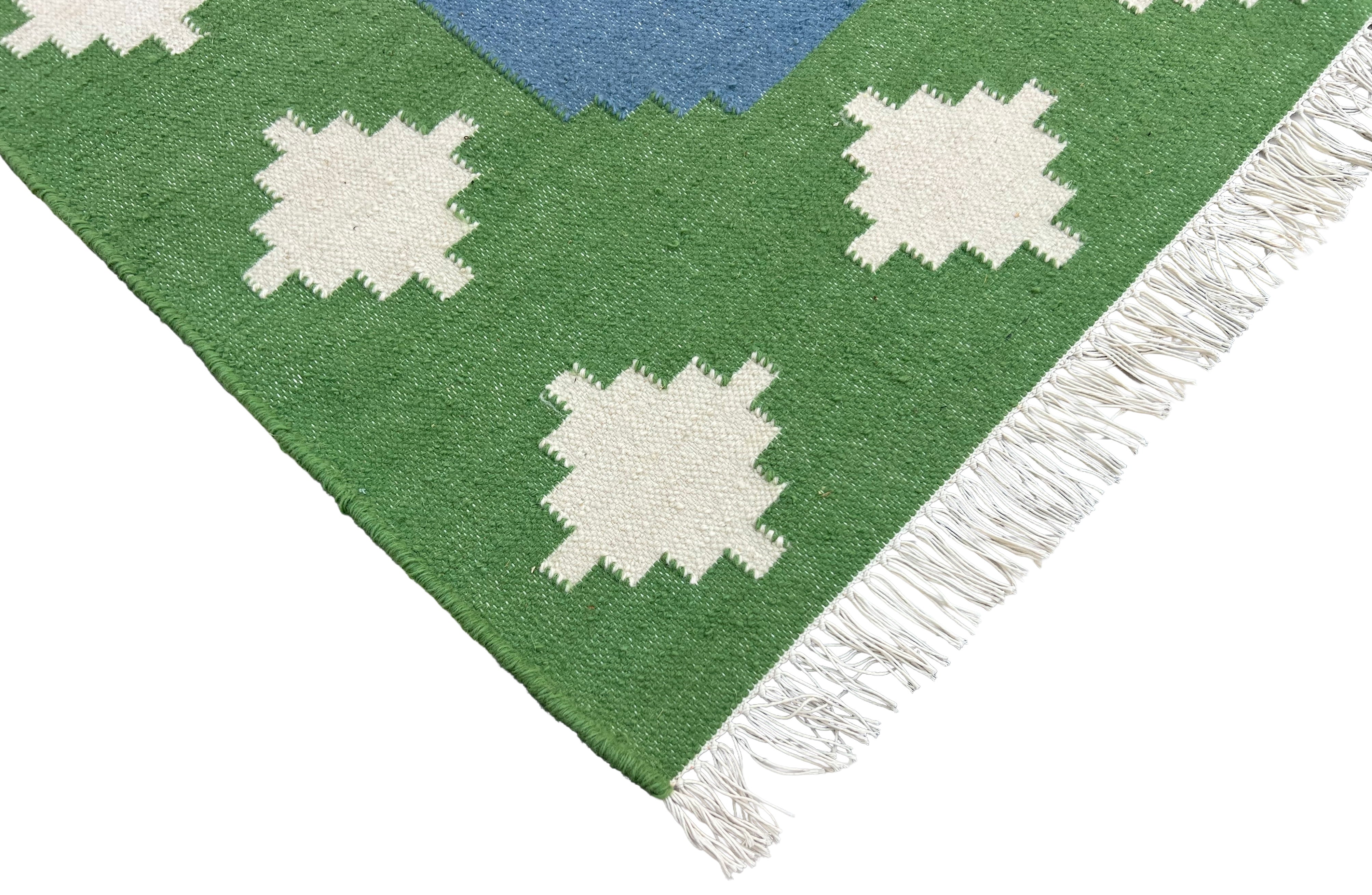 Modern Handmade Woolen Sky Blue, Green And Cream Swedish Tile Geometric Rug-6821