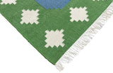 Modern Handmade Woolen Sky Blue, Green And Cream Swedish Tile Geometric Rug-6821