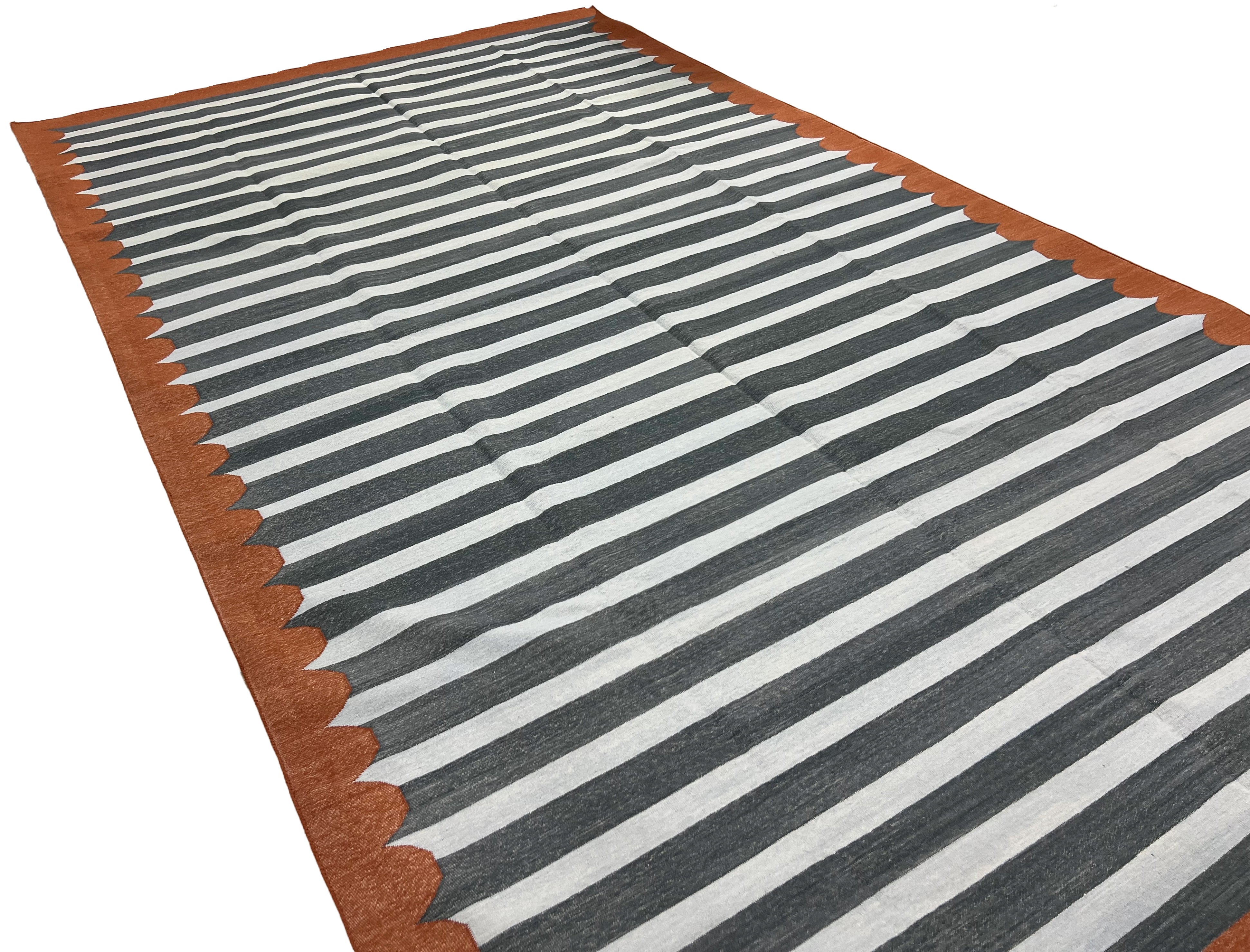 Modern Handmade Cotton Sky Blue, Gray And Terracotta Scalloped Striped Area Rug-6831