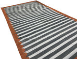 Modern Handmade Cotton Sky Blue, Gray And Terracotta Scalloped Striped Area Rug-6831