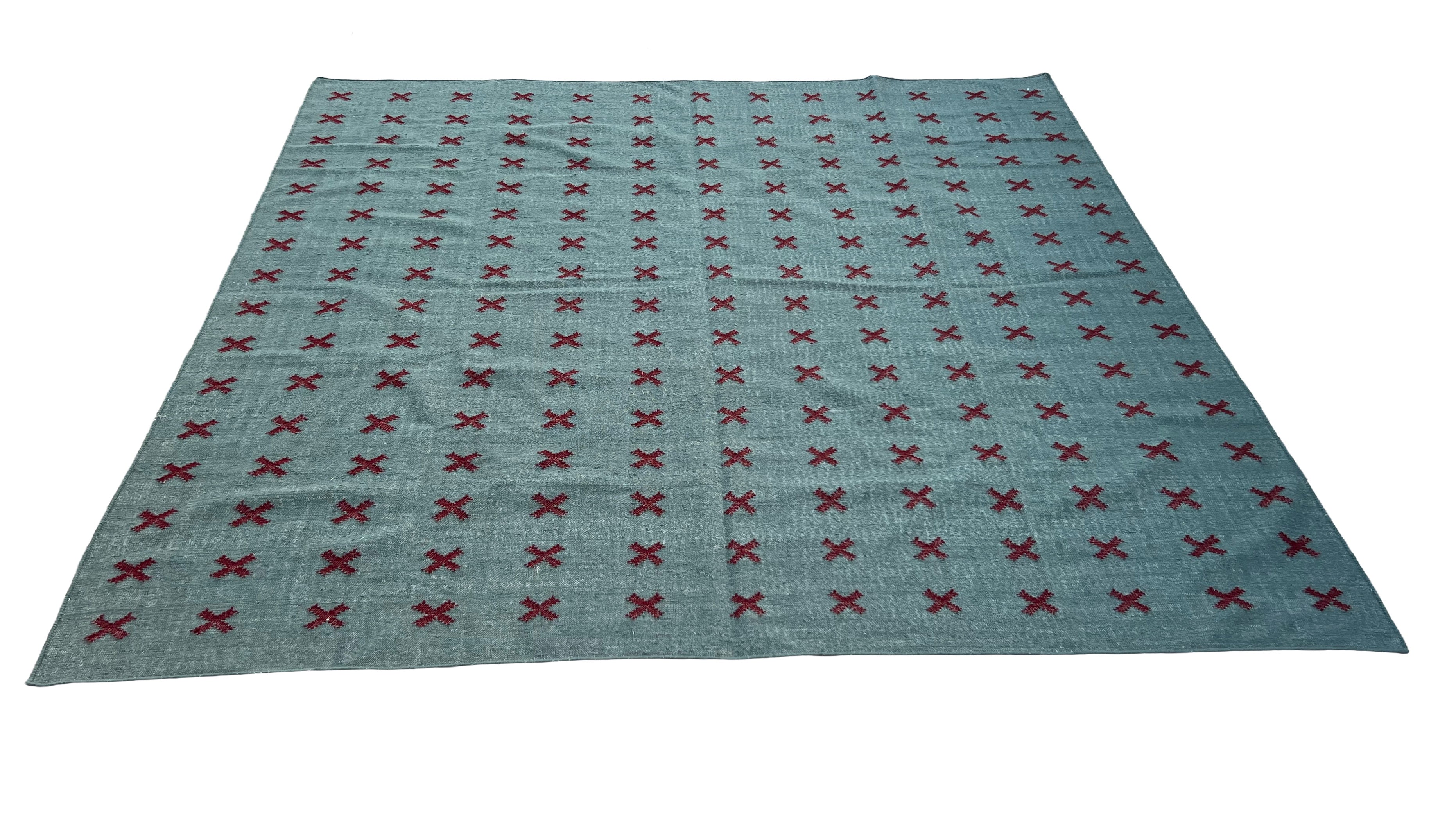 Modern Handmade Woolen Turquoise Blue And Burgundy Cross Pattern Rug-6804