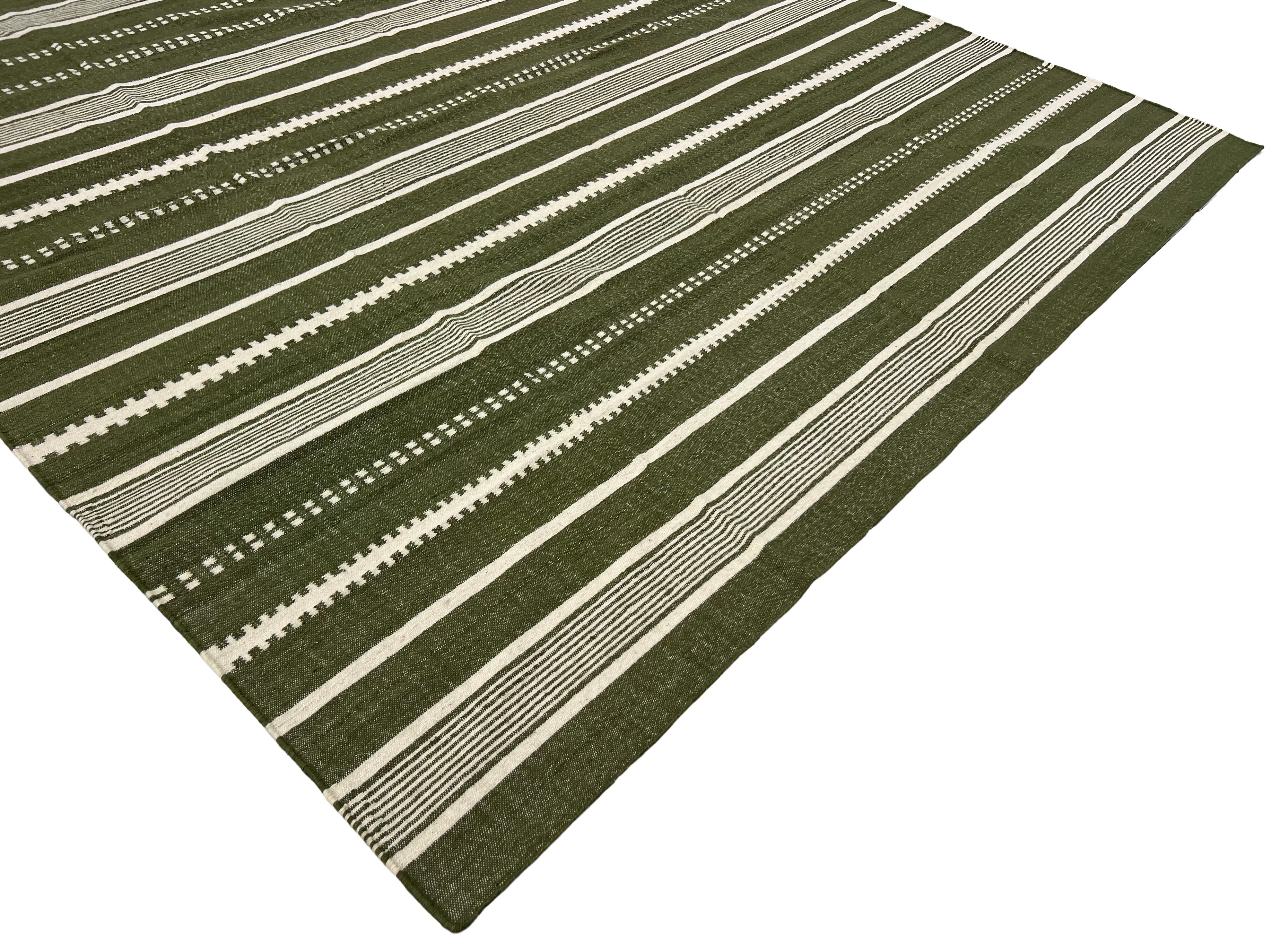 Modern Handmade Woolen Olive Green And White Striped Rug-6837