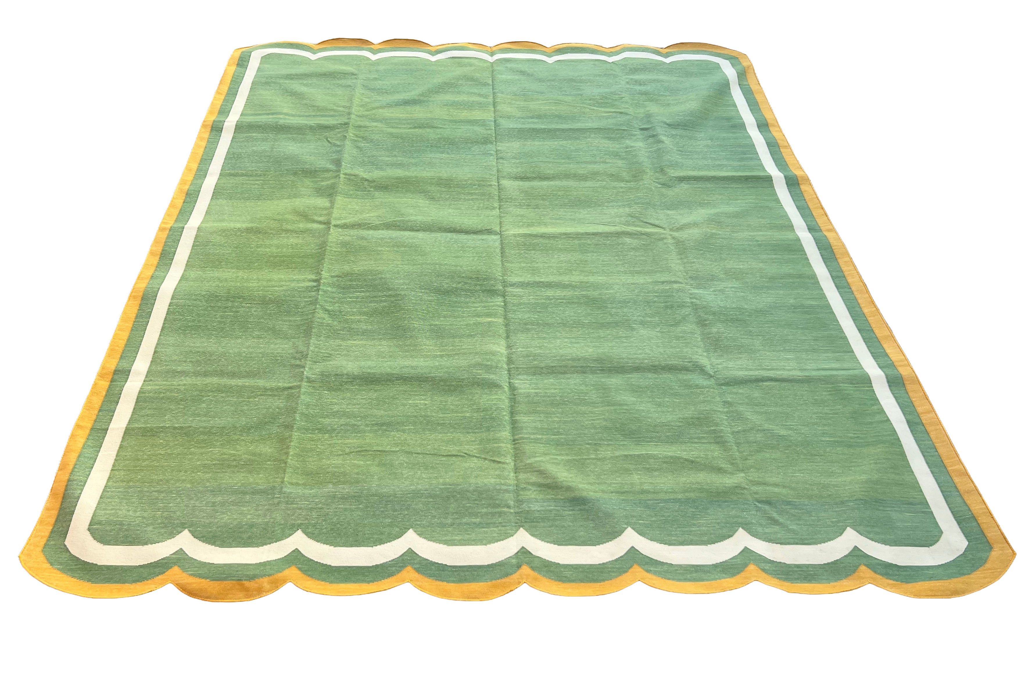 Modern Handmade Cotton Moss Green, Cream and Mustard Scalloped Rug-9667