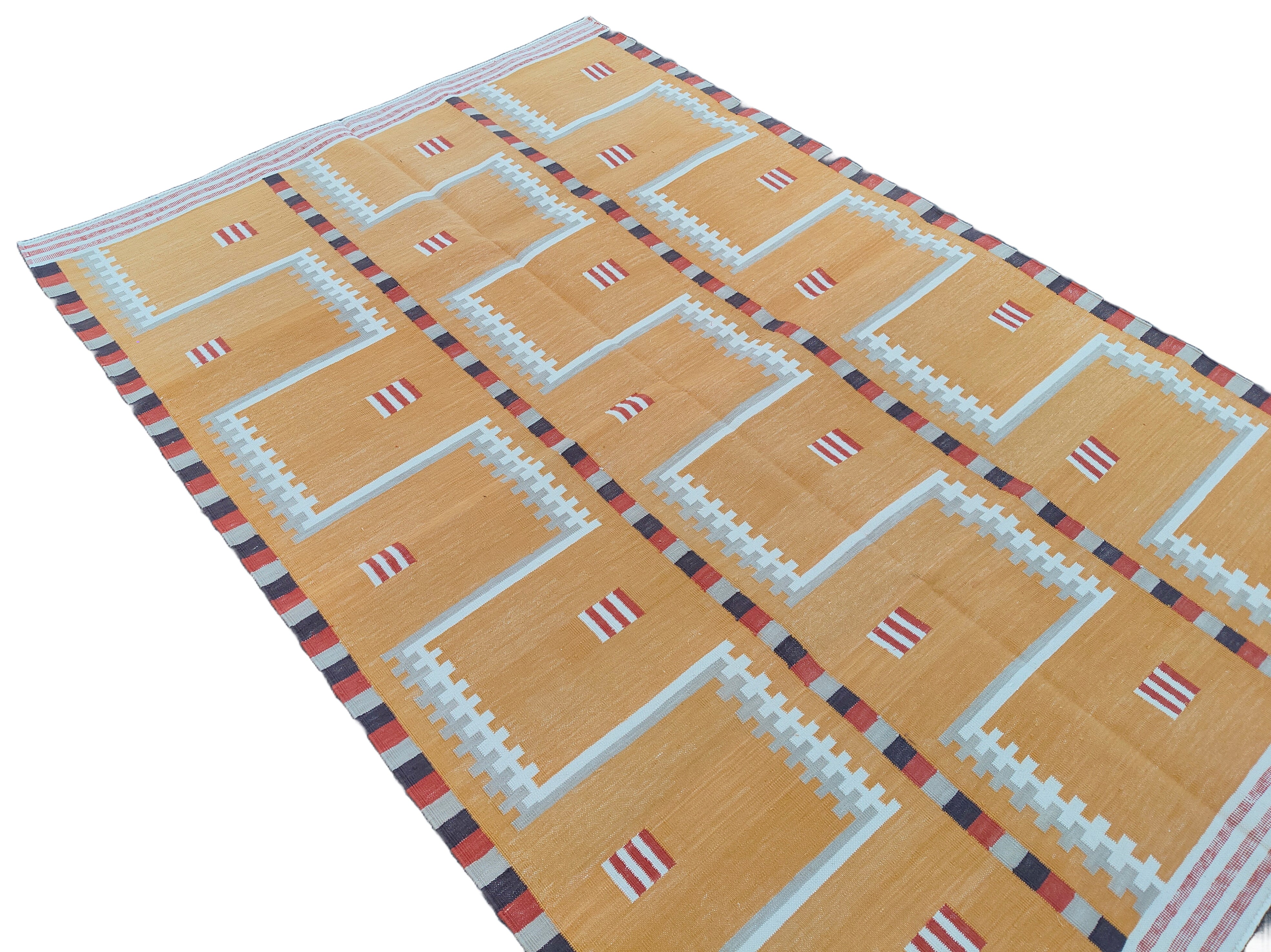 Modern Handmade Cotton Rug, 4x6 Mustard And Cream Geometric Rug-6776