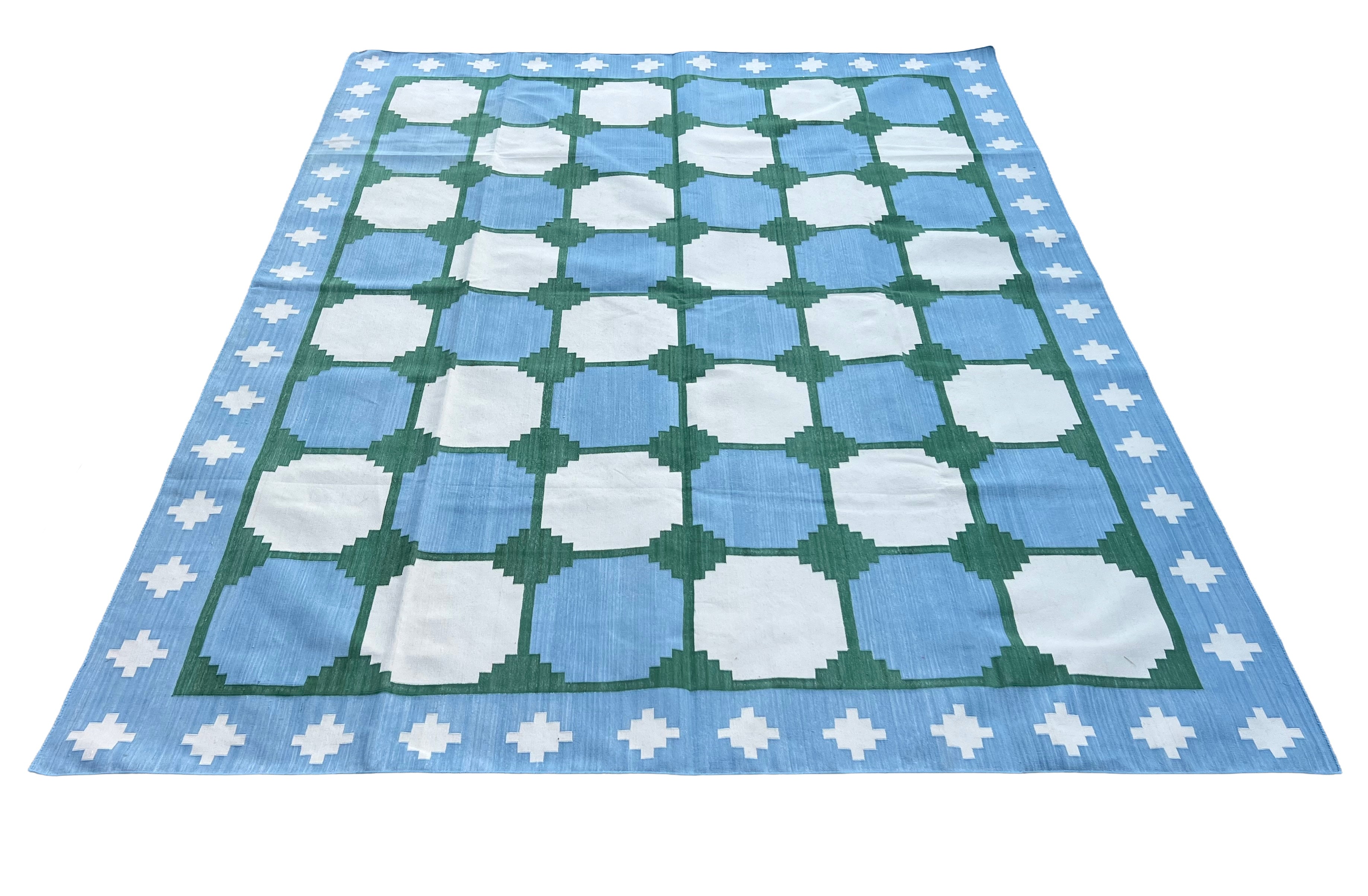 Modern Handmade Cotton Sky Blue And Green Geometric Swedish Star Rug-6813