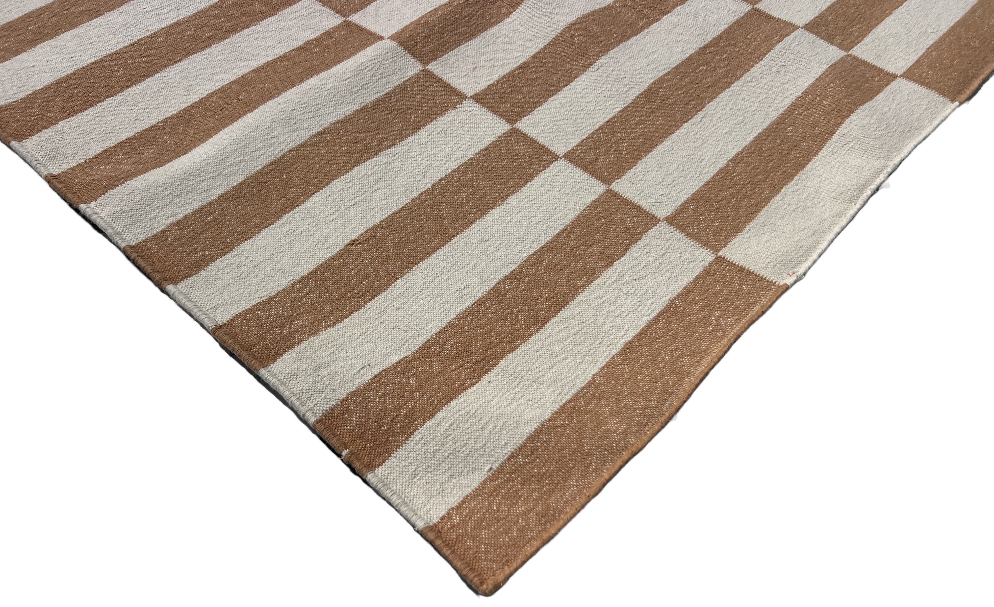 Modern Handmade Cotton Tan And White Up Down Striped Dhurrie Runner-6850