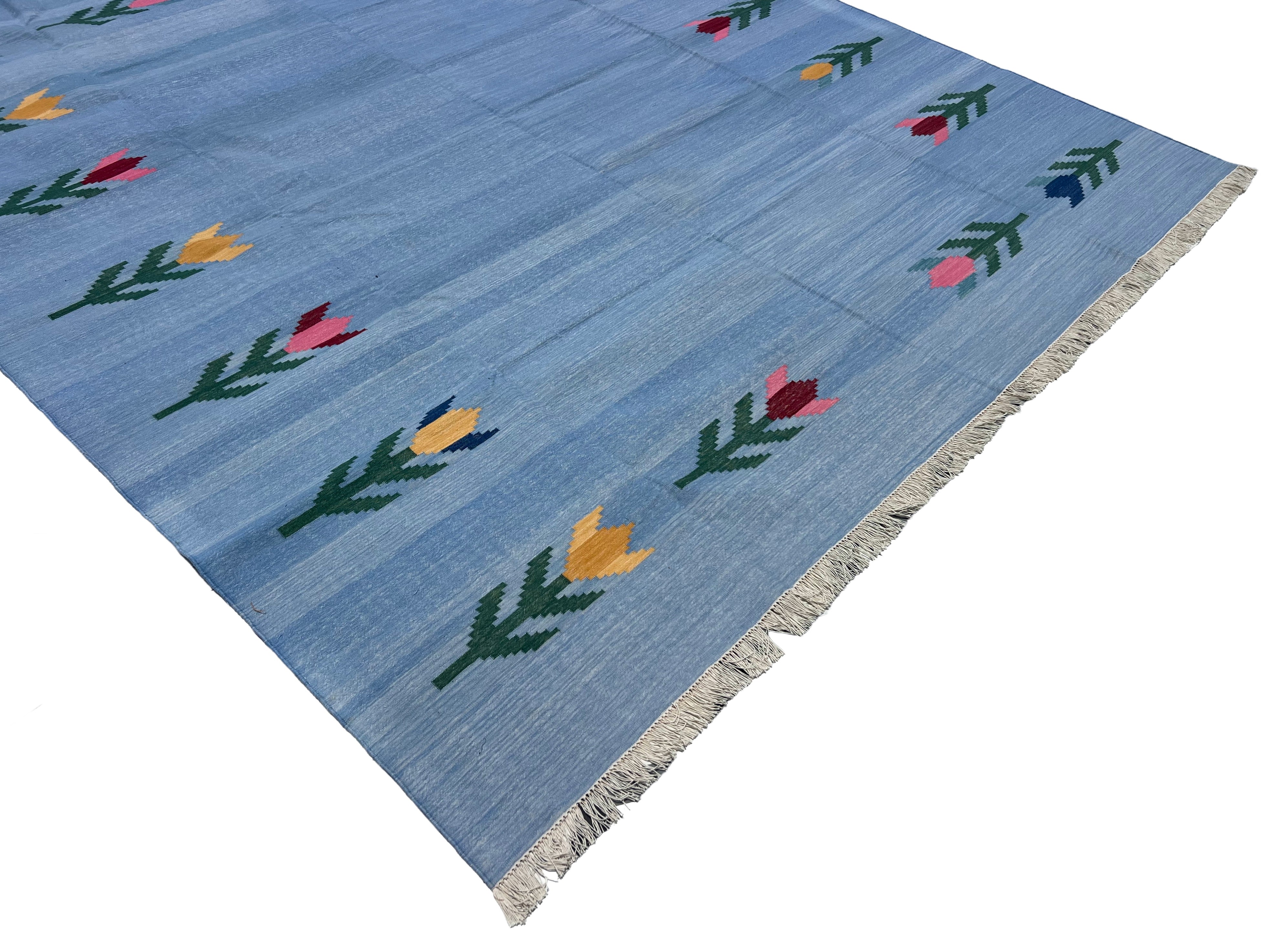 Modern Handmade Cotton Sky Blue Leaf Patterned Area Rug-6839