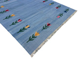 Modern Handmade Cotton Sky Blue Leaf Patterned Area Rug-6839