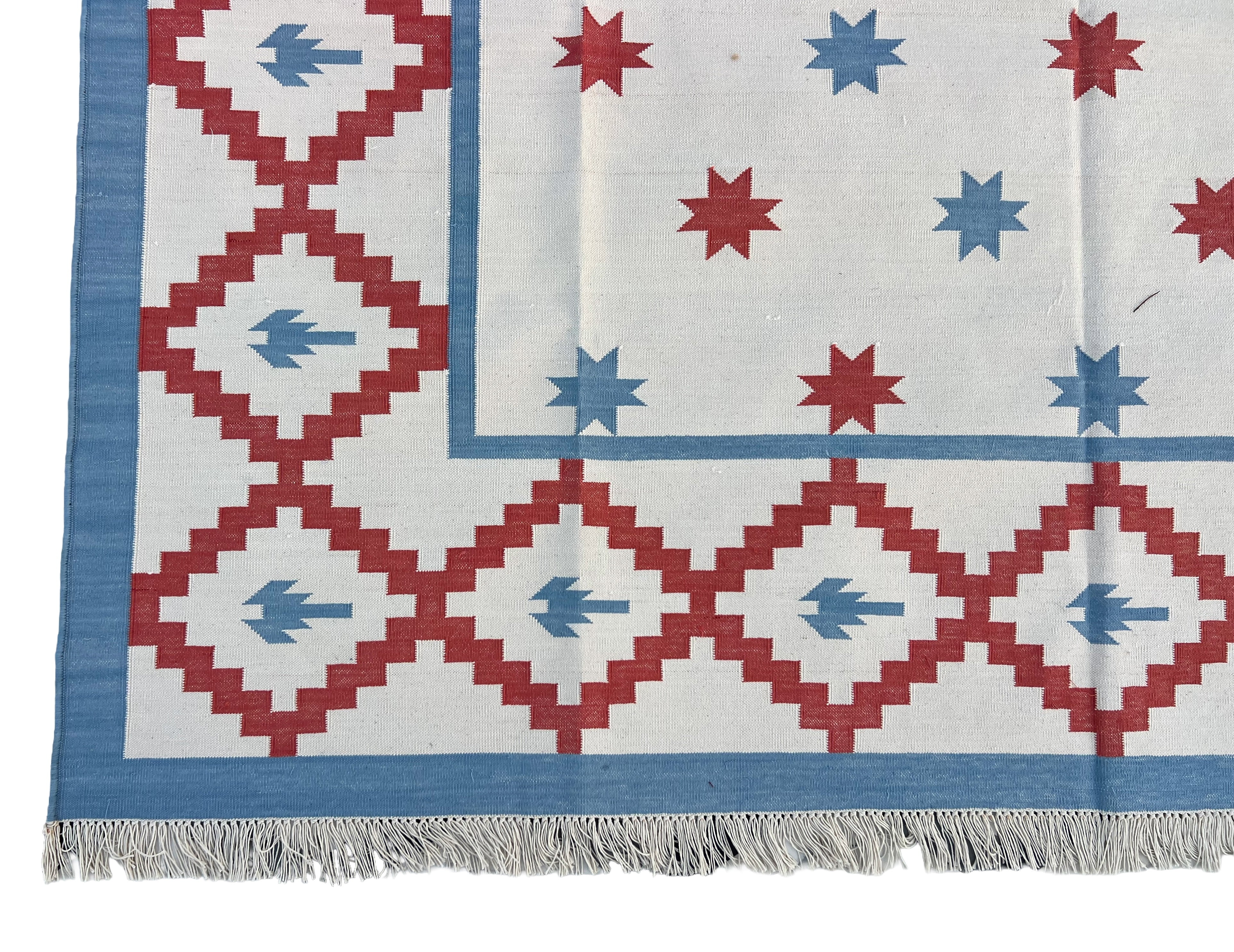 Modern Handmade Cotton Sky Blue, Cream And Terracotta Area Star Rug-6843