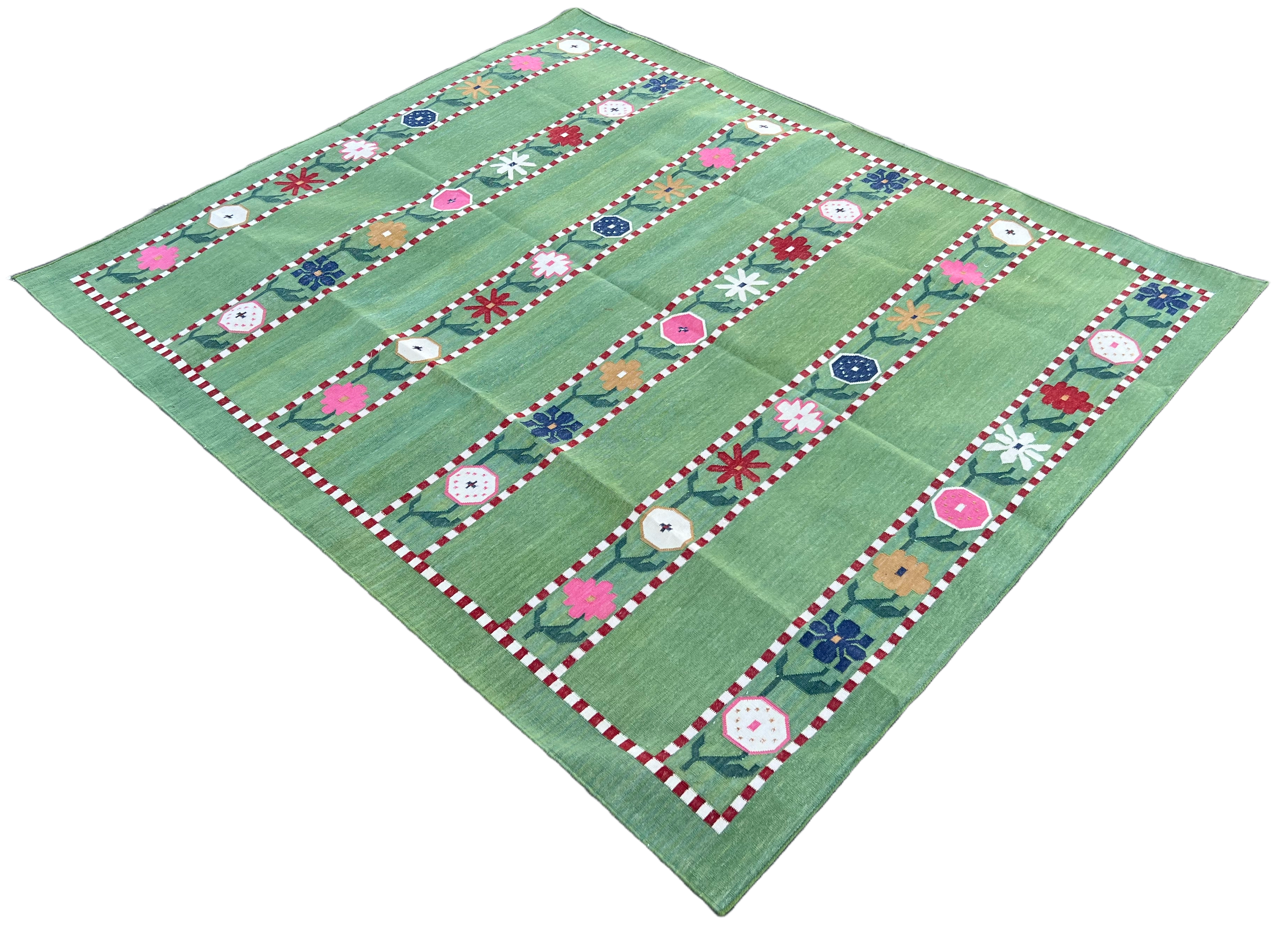 Modern Handmade Cotton Area Rug, Green And Red Flower Indian Dhurrie-6547