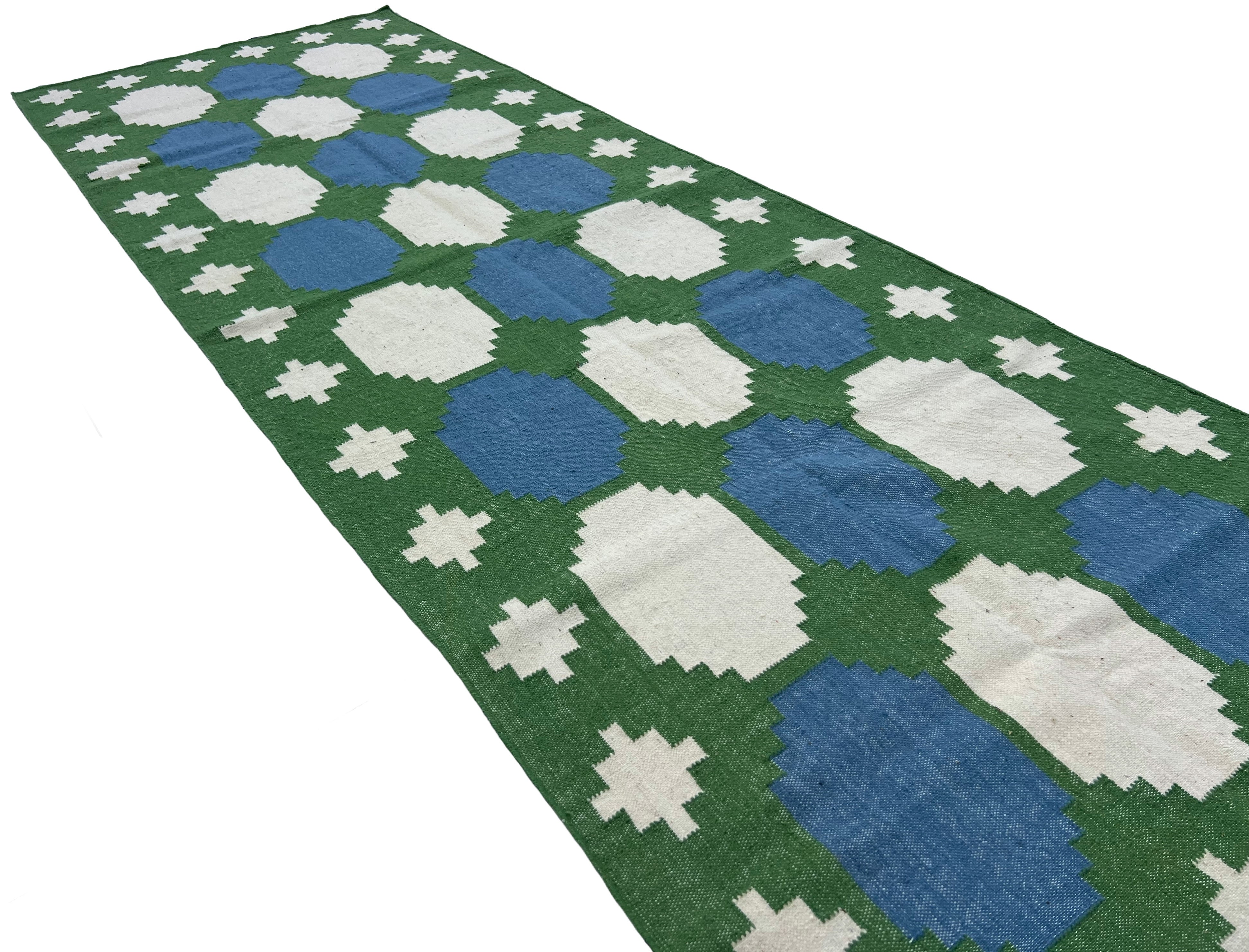 Modern Handmade New Zealand Wool Moss Green, Cream And Sky Blue Geometric Runner-6838