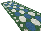 Modern Handmade New Zealand Wool Moss Green, Cream And Sky Blue Geometric Runner-6838