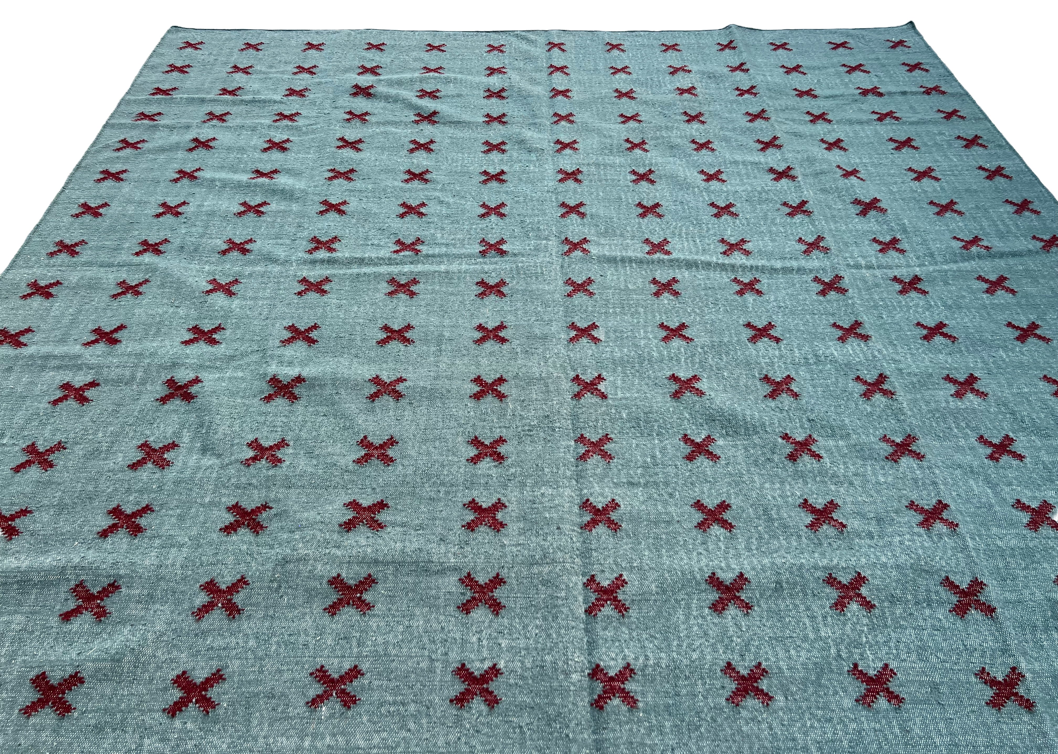 Modern Handmade Woolen Turquoise Blue And Burgundy Cross Pattern Rug-6804