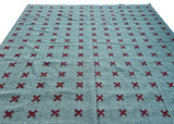 Modern Handmade Woolen Turquoise Blue And Burgundy Cross Pattern Rug-6804