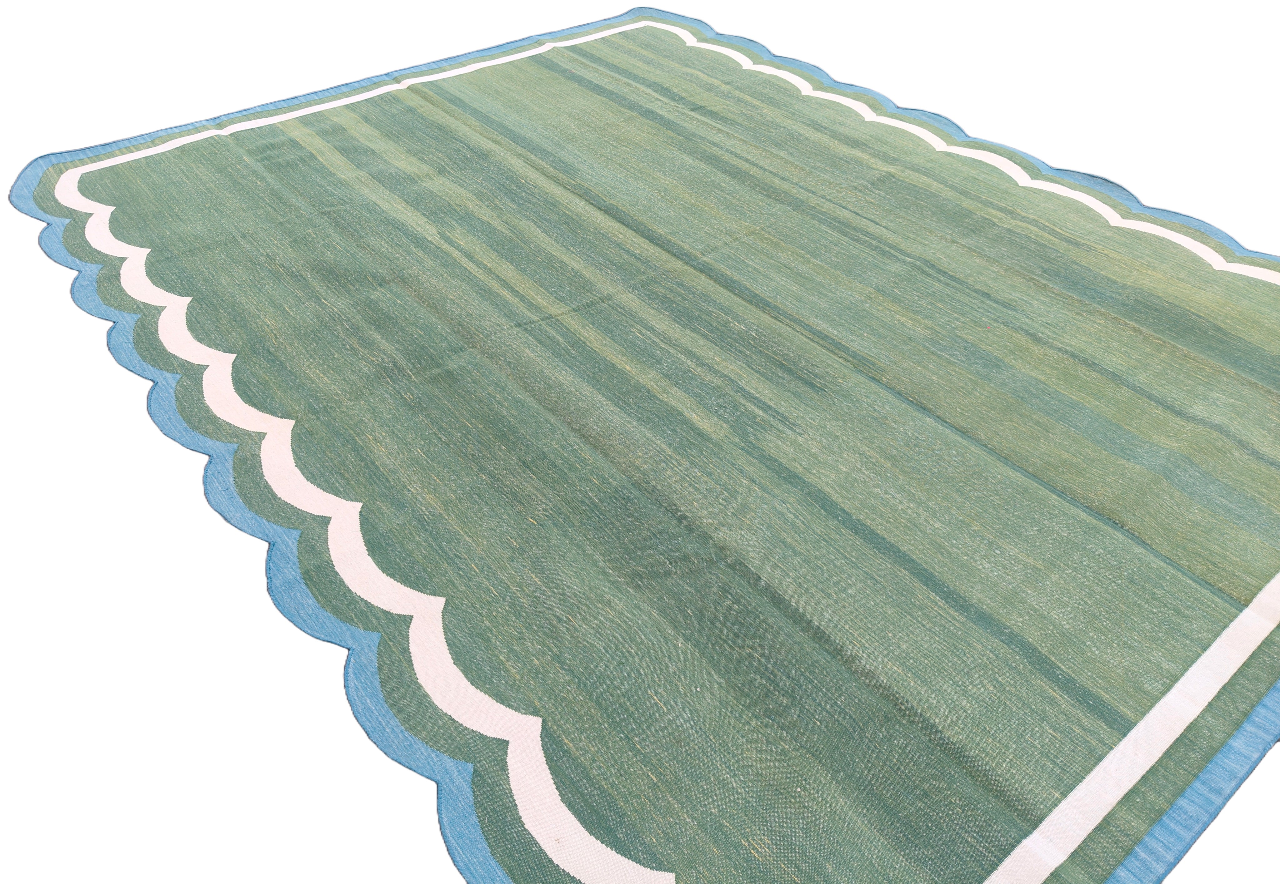 Modern Handmade Cotton Green, Cream and Teal Blue Scalloped Rug-9662