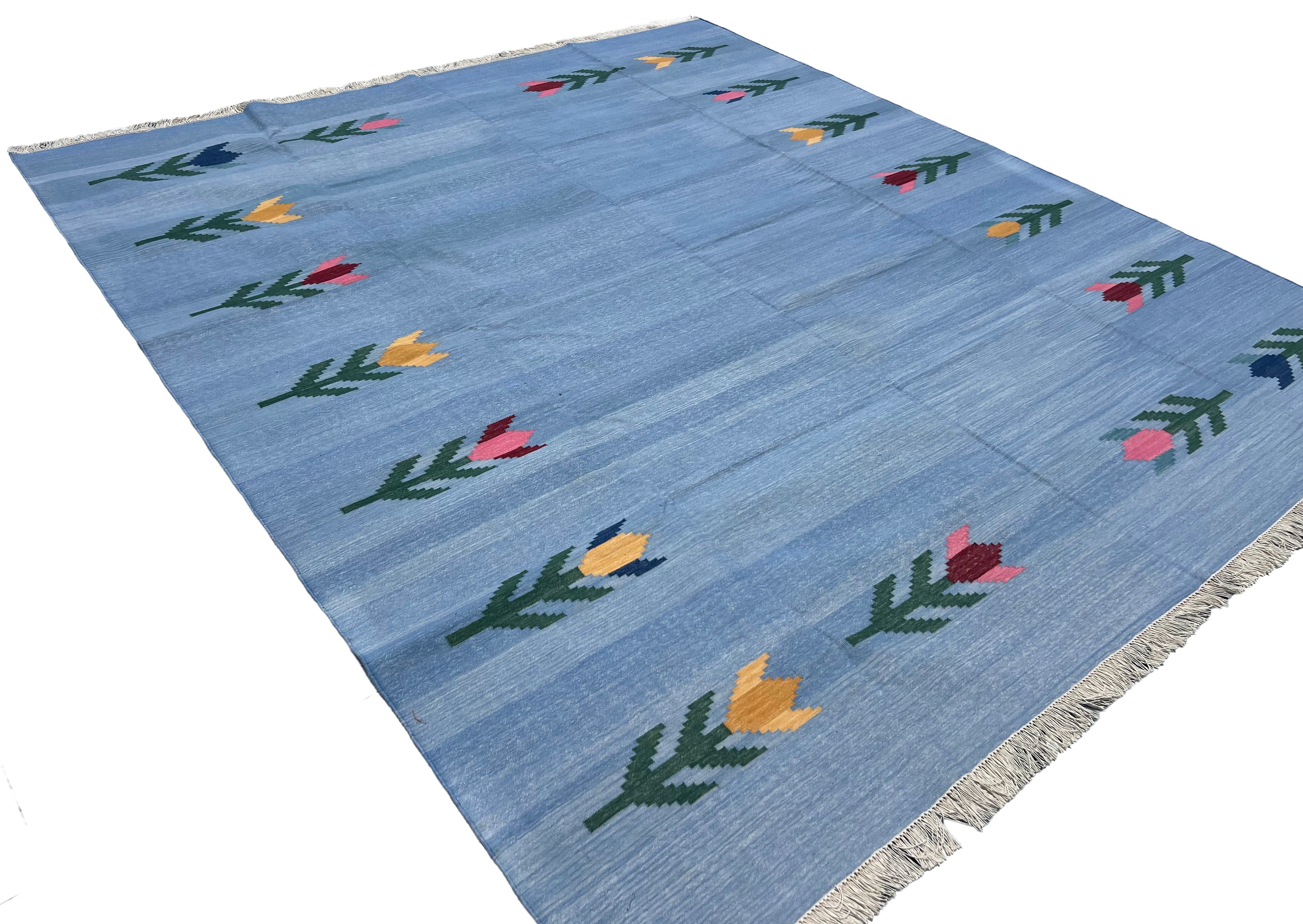 Modern Handmade Cotton Sky Blue Leaf Patterned Area Rug-6839