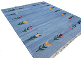 Modern Handmade Cotton Sky Blue Leaf Patterned Area Rug-6839