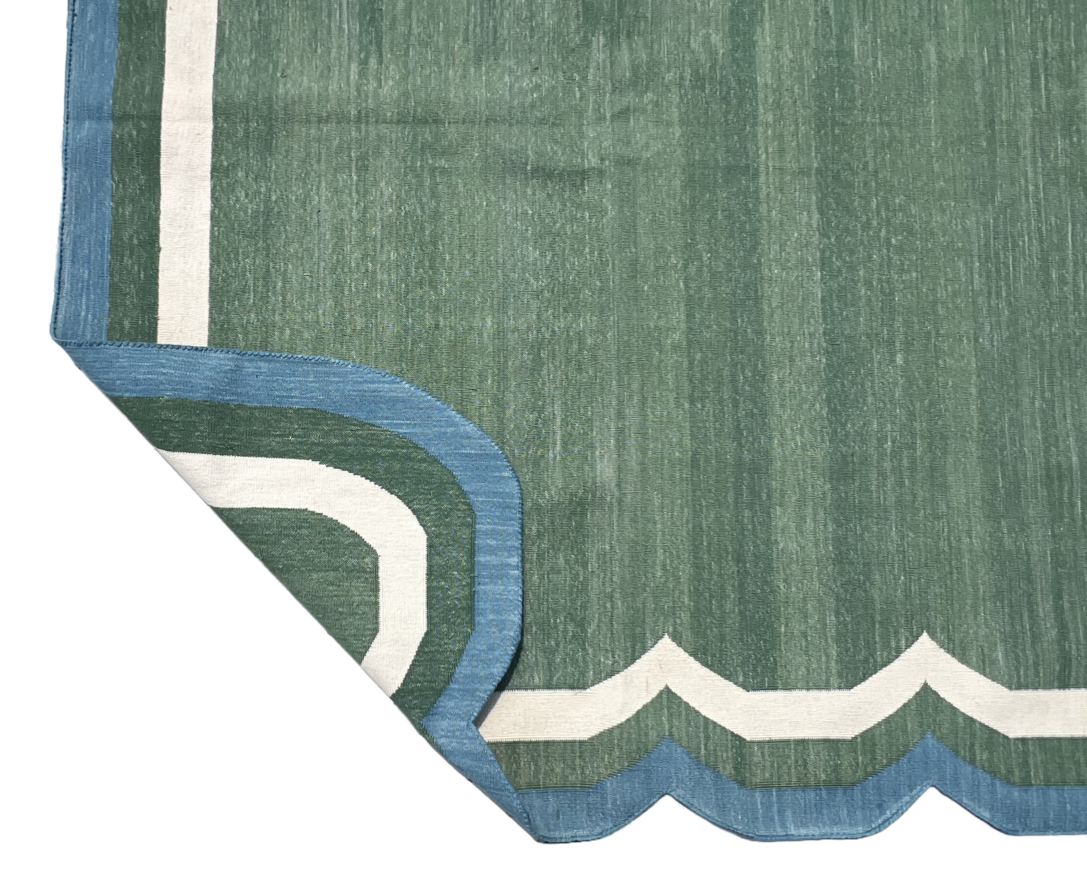 Modern Handmade Cotton Forest Green, Cream And Teal Blue Two Sided Scalloped Rug-9671