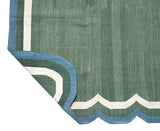 Modern Handmade Cotton Forest Green, Cream And Teal Blue Two Sided Scalloped Rug-9671