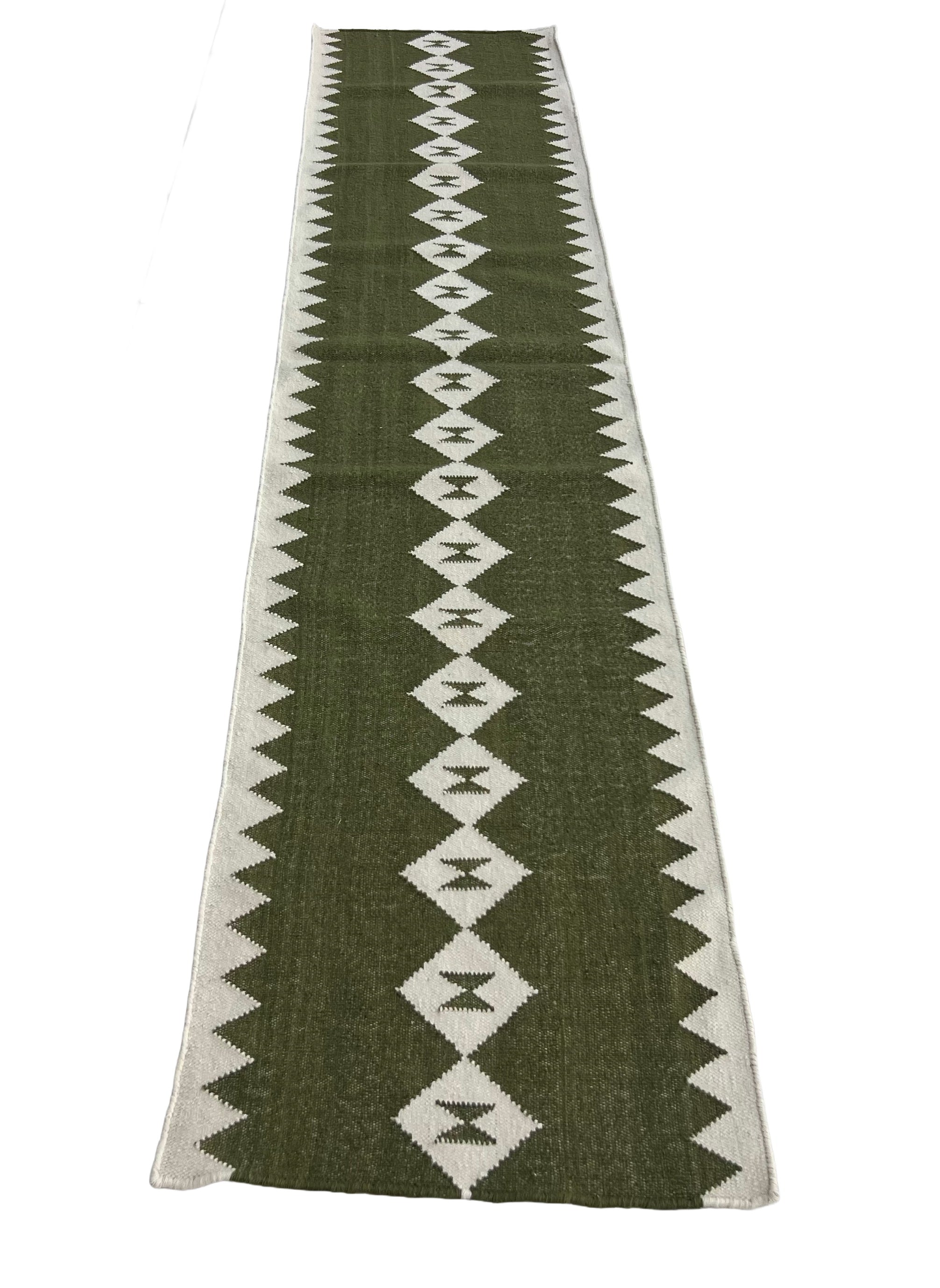 Modern Handmade New Zealand Wool Dark Olive Green And White Geometric Runner-6824